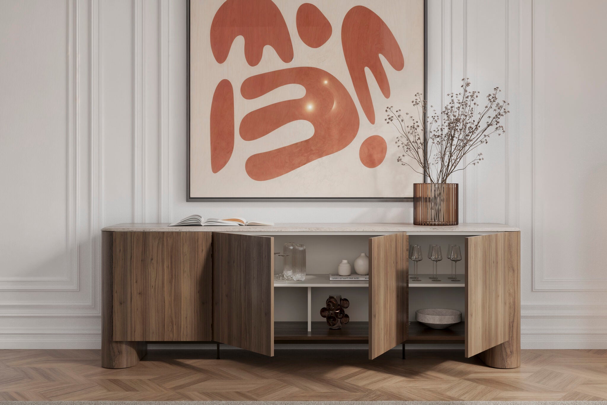 Бюфет «Enna» с керамично покритие, с естествен фурнир, размер 240х79х52см