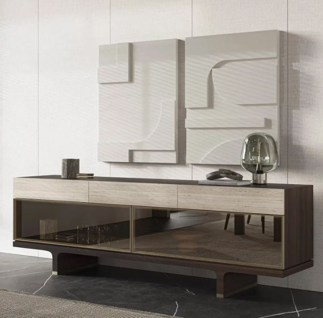 Бюфет «Hector» с естествен фурнир и травертин, размер 240х77х50см