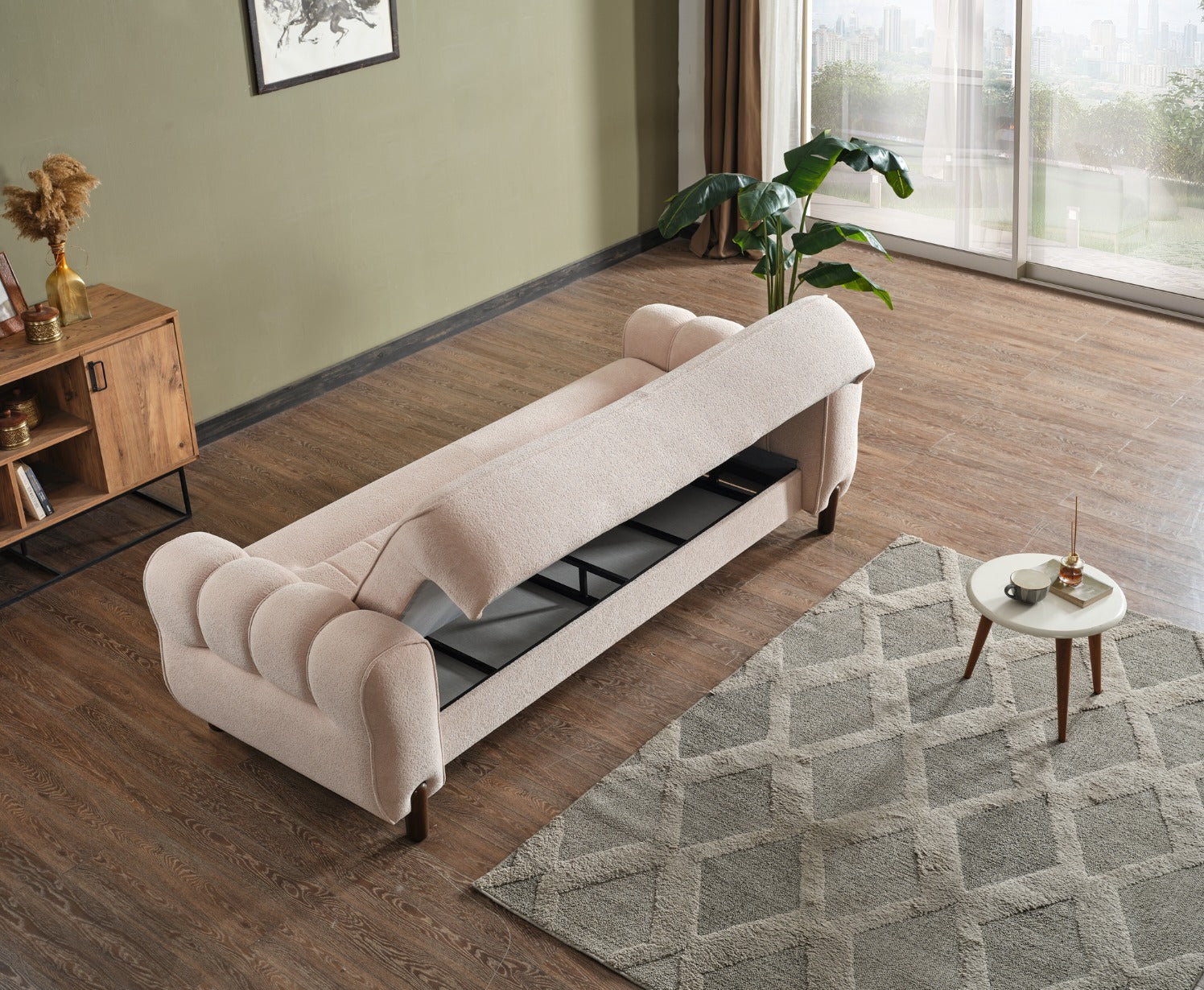 Триместен разтегателен диван «Madrid» + 2 декоративни възглавници, с място за съхранение, ширина 247см