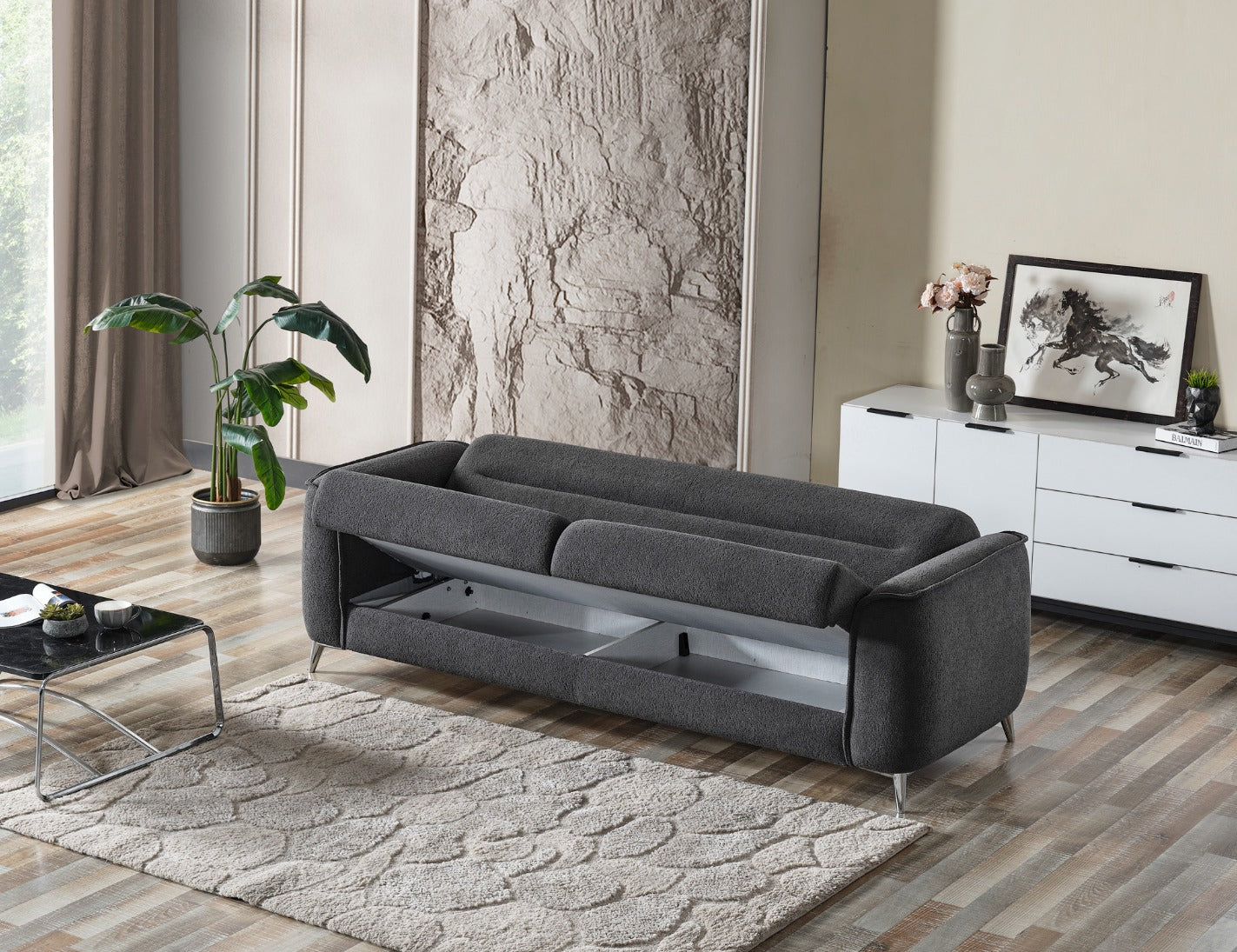 Триместен разтегателен диван «Leon» + 2 декоративни възглавници, с място за съхранение, ширина 237см