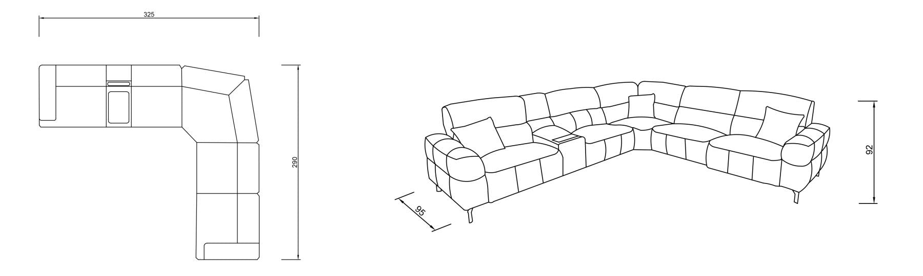 Модулен диван «Lara» + електрически механизъм, USB зарядна станция, конзолна масичка