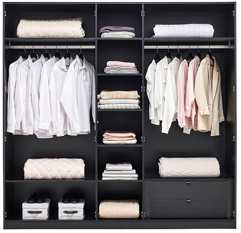 Петкрилен гардероб «Legato Black» + стъклени врати, ширина 226см