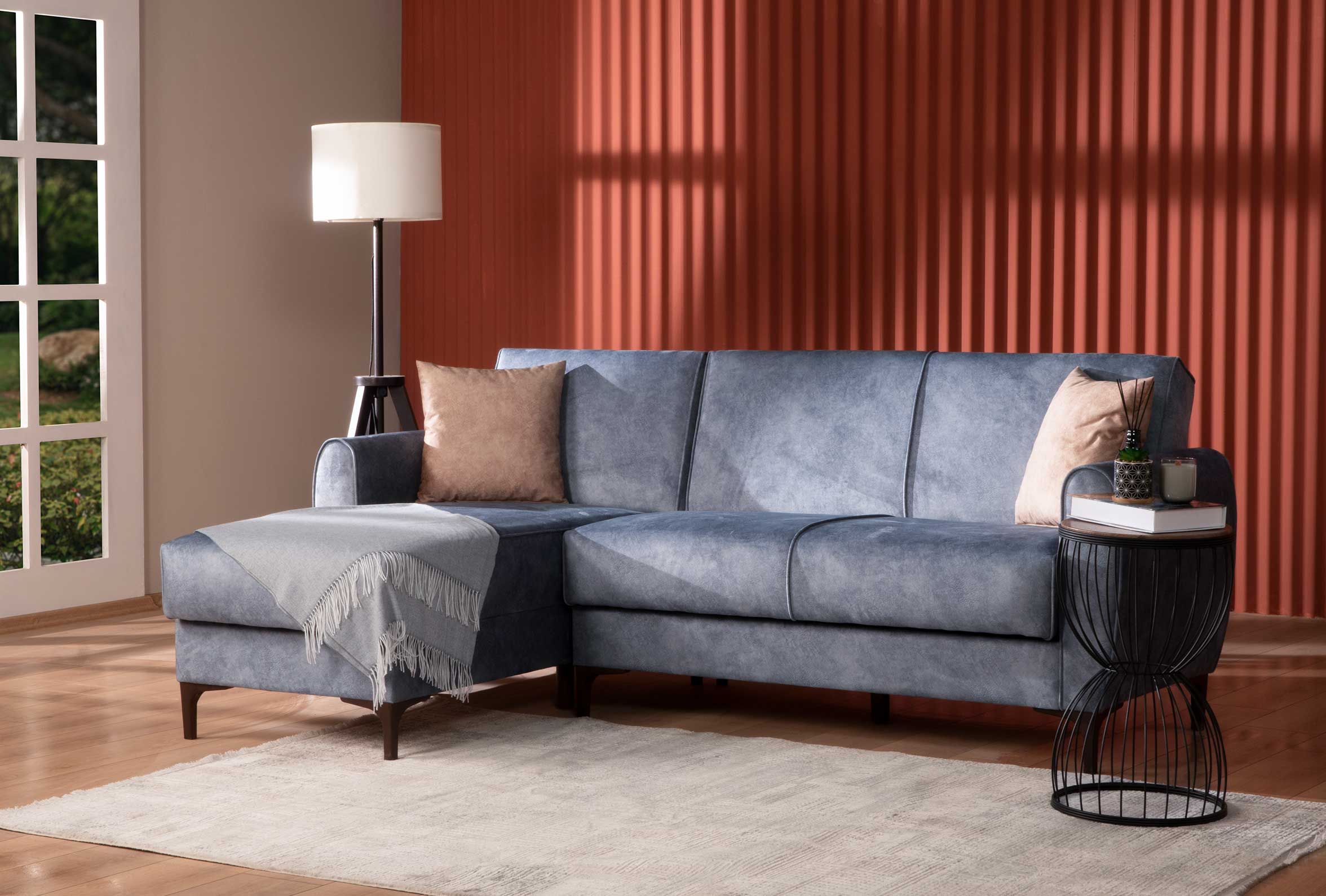 Ъглов разтегателен диван «Leo» + две декоративни възглавници, с място за съхранение, ширина 226см