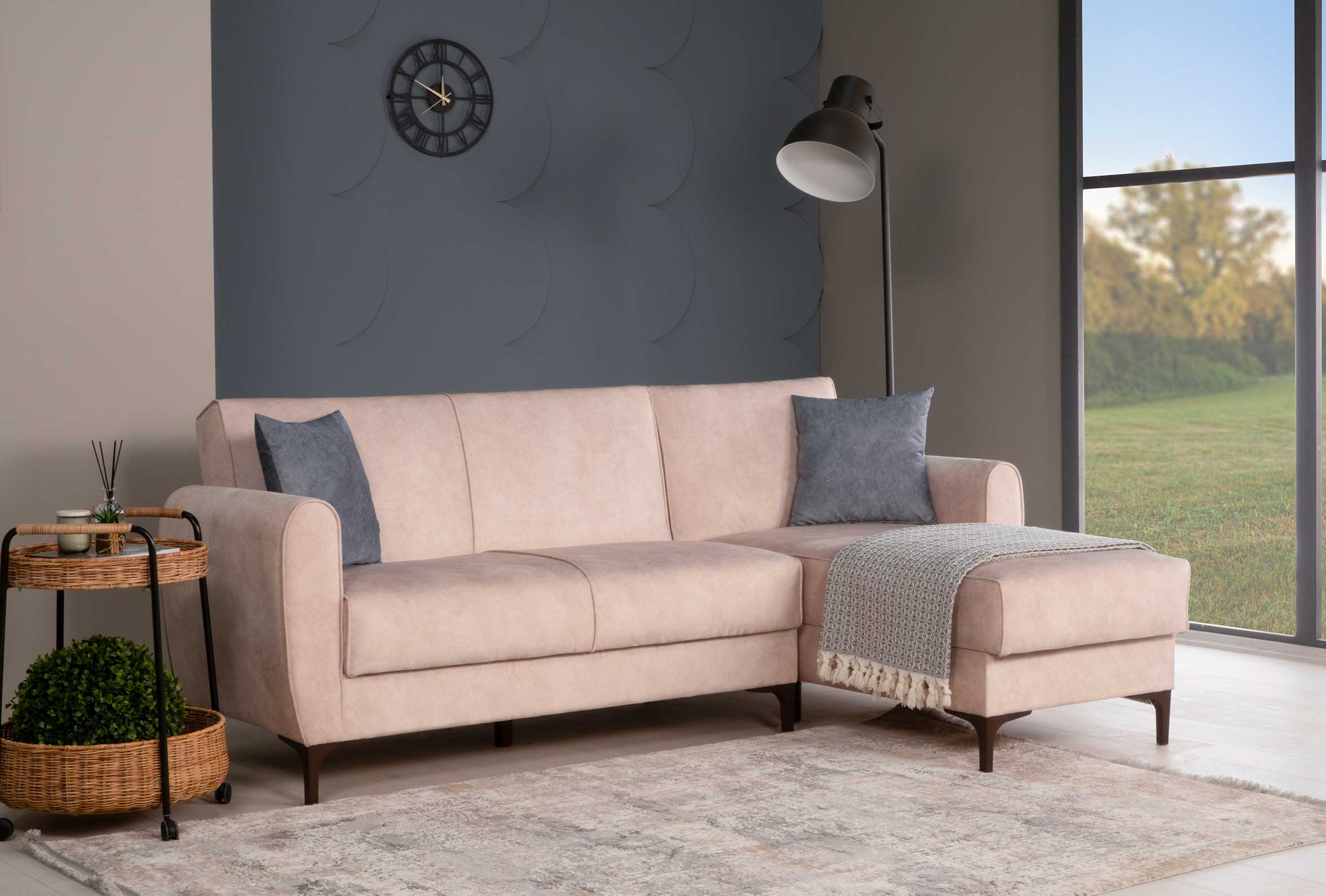 Ъглов разтегателен диван «Leo» + две декоративни възглавници, с място за съхранение, ширина 226см