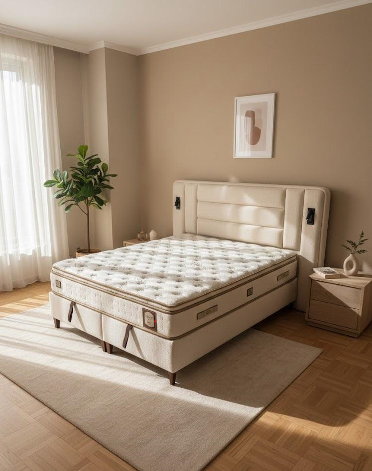 Тапицирано легло «Lotus» + Матрак и табла - с място за съхранение, система за безшумно затваряне