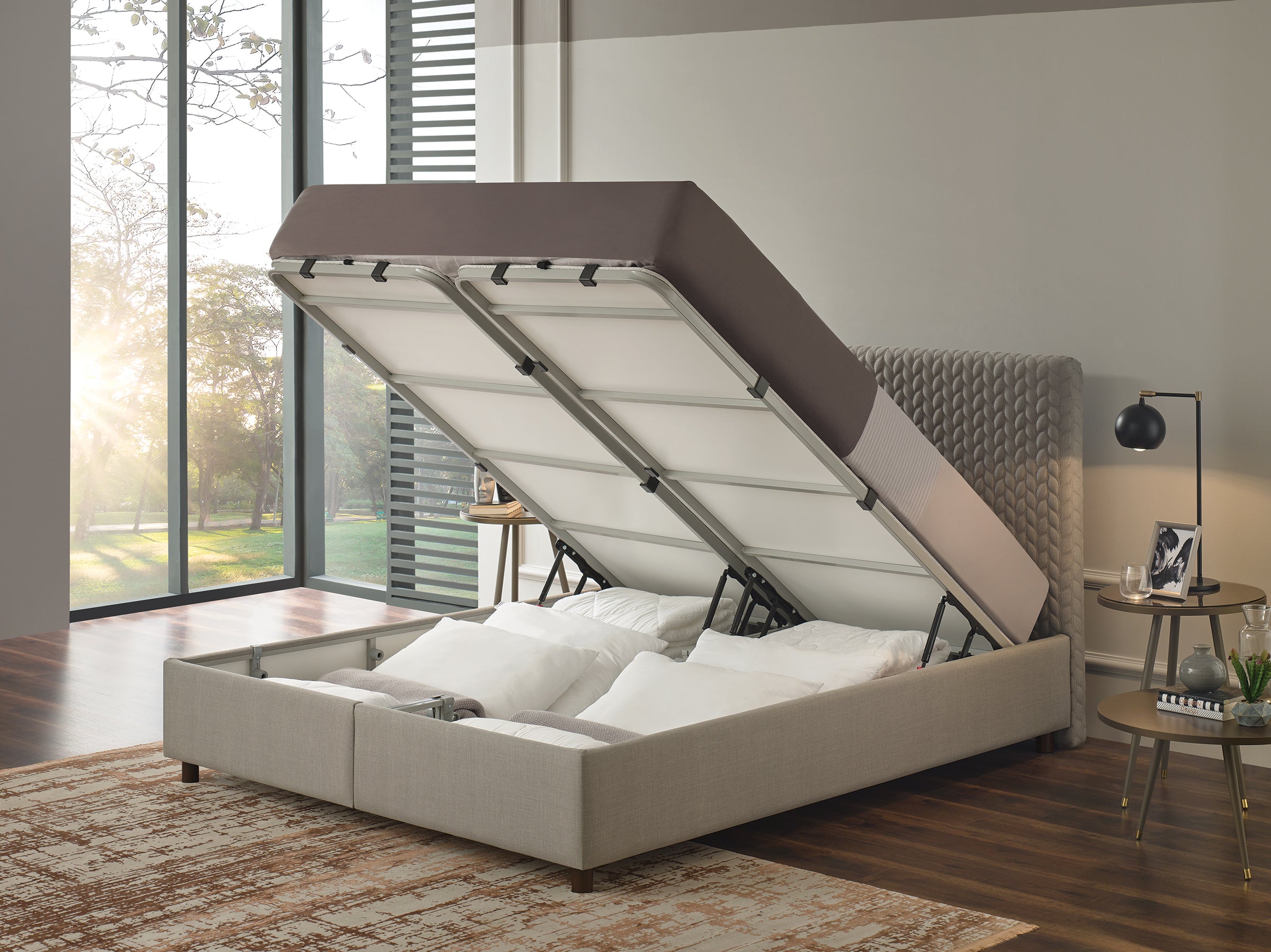 Тапицирано легло «Smart Care» + Матрак и табла - с място за съхранение, матрак с алое вера, с лятна и зимна страна