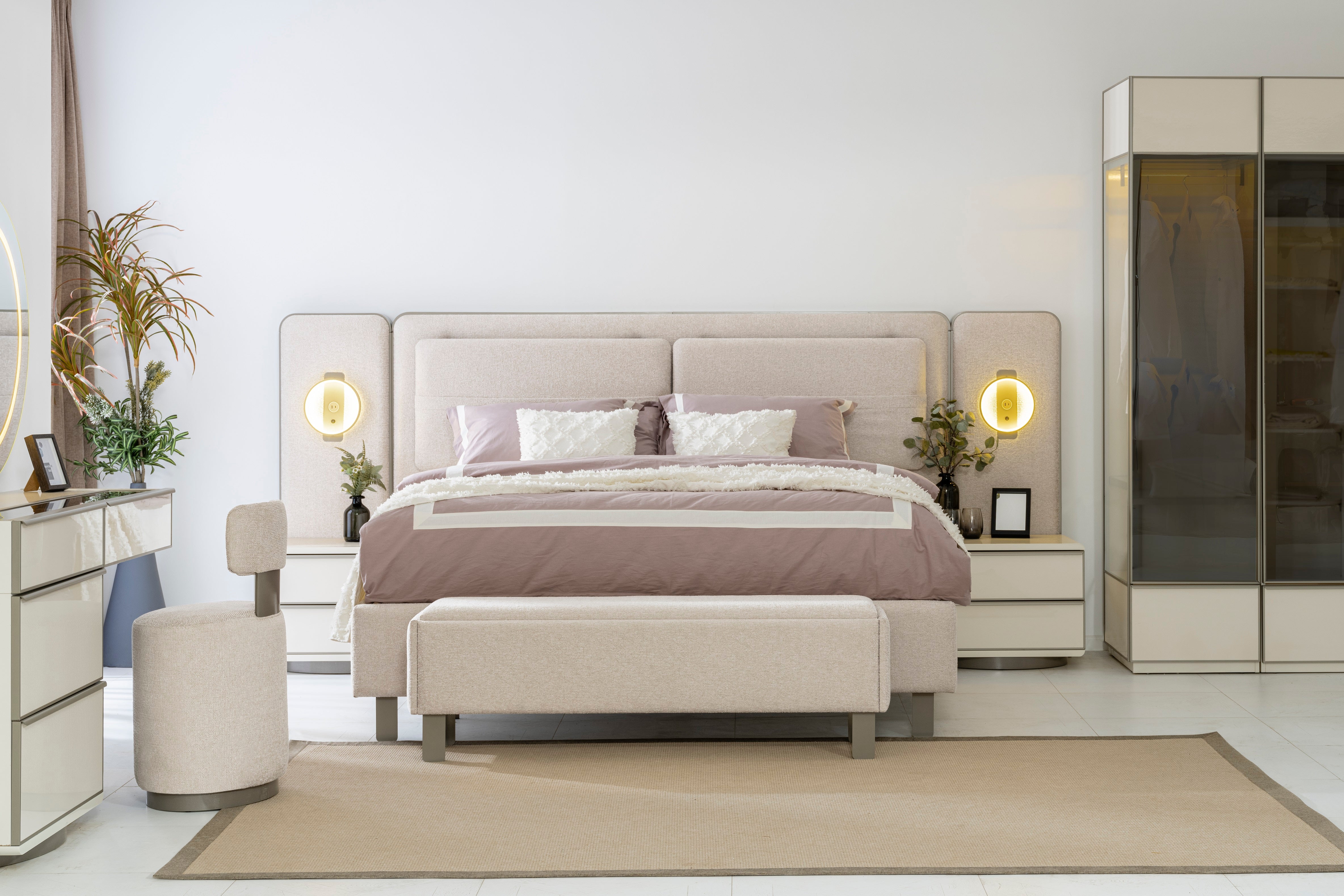 Тапицирано легло «Pamukkale» + табла с осветление - с място за съхранение, повдигащ механизъм