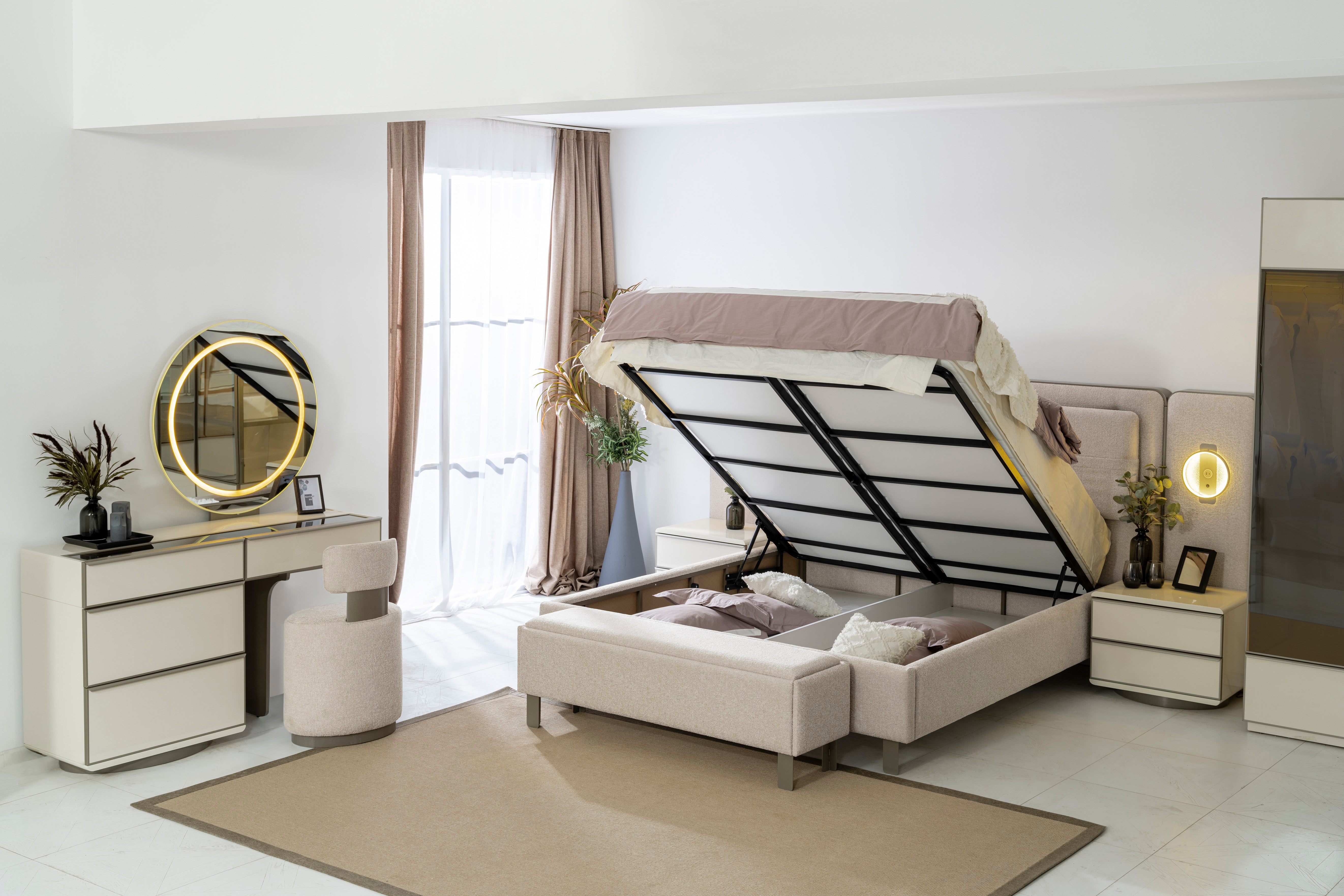 Тапицирано легло «Pamukkale» + табла с осветление - с място за съхранение, повдигащ механизъм