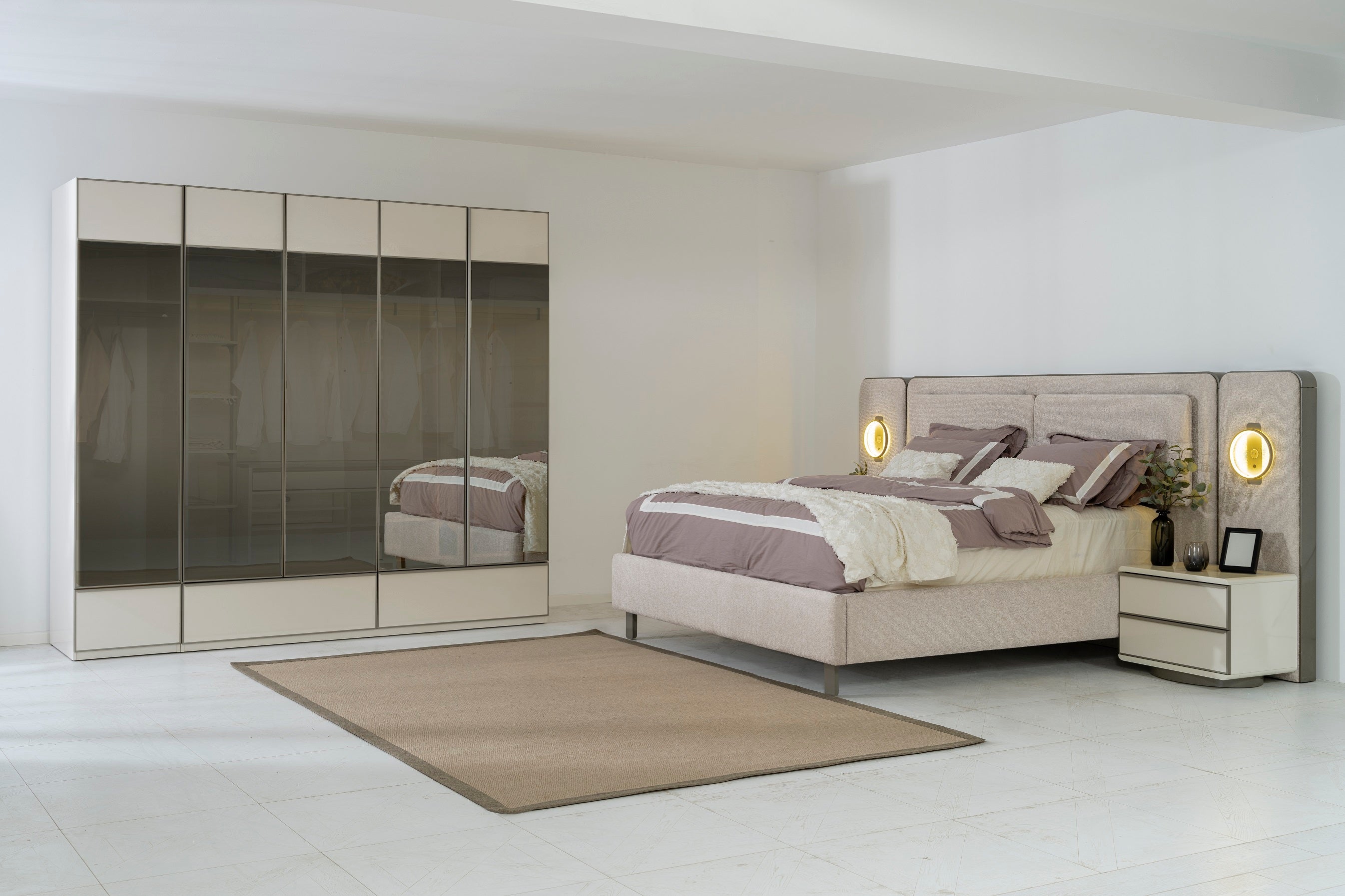 Тапицирано легло «Pamukkale» + табла с осветление - с място за съхранение, повдигащ механизъм