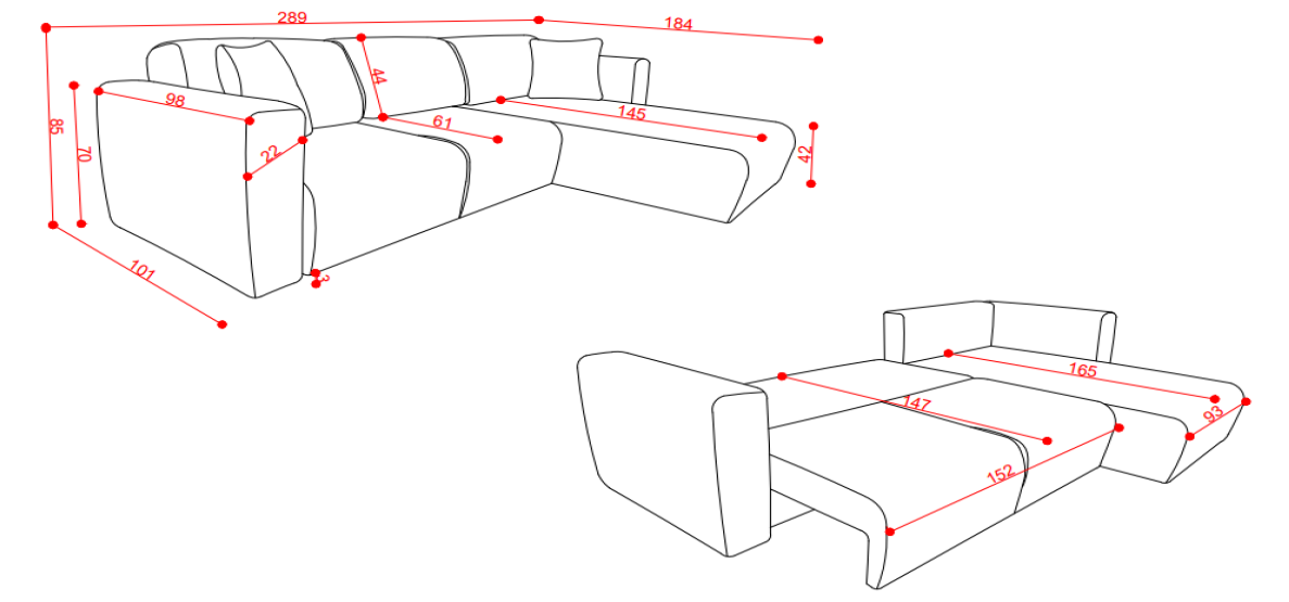 Ъглов разтегателен диван «Perry» + две декоративни възглавници, ширина 289см