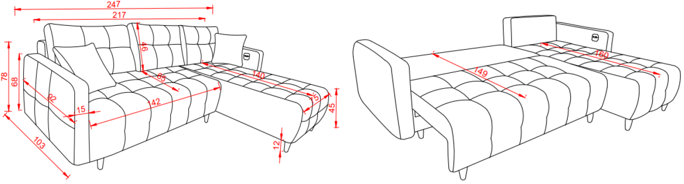 Ъглов разтегателен диван «New Port» + USB зарядна станция, ширина 247см
