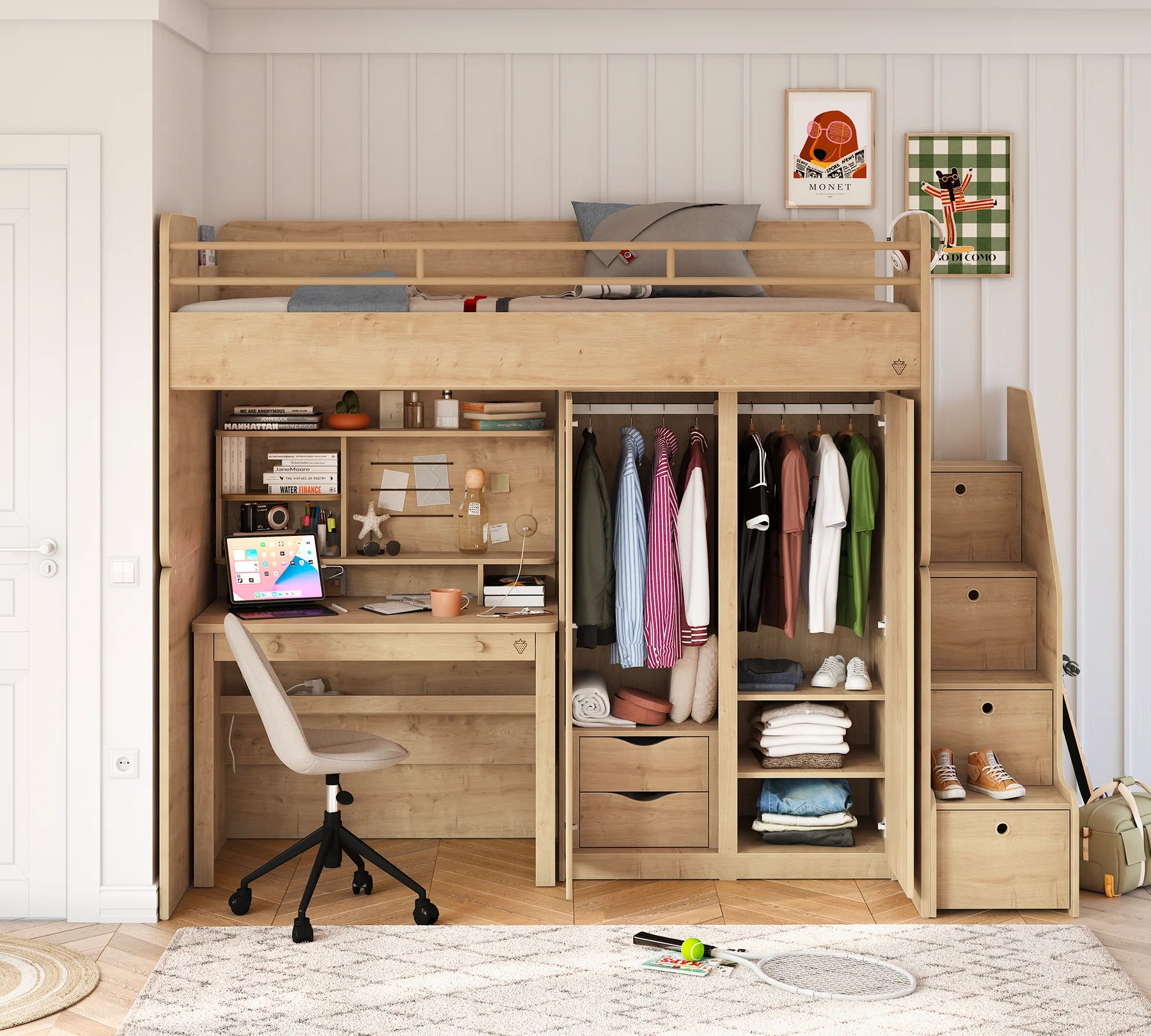 Модулно двуетажно легло «Studio» - Сет 2, с легло, гардероб, бюро, стълби с чекмеджета