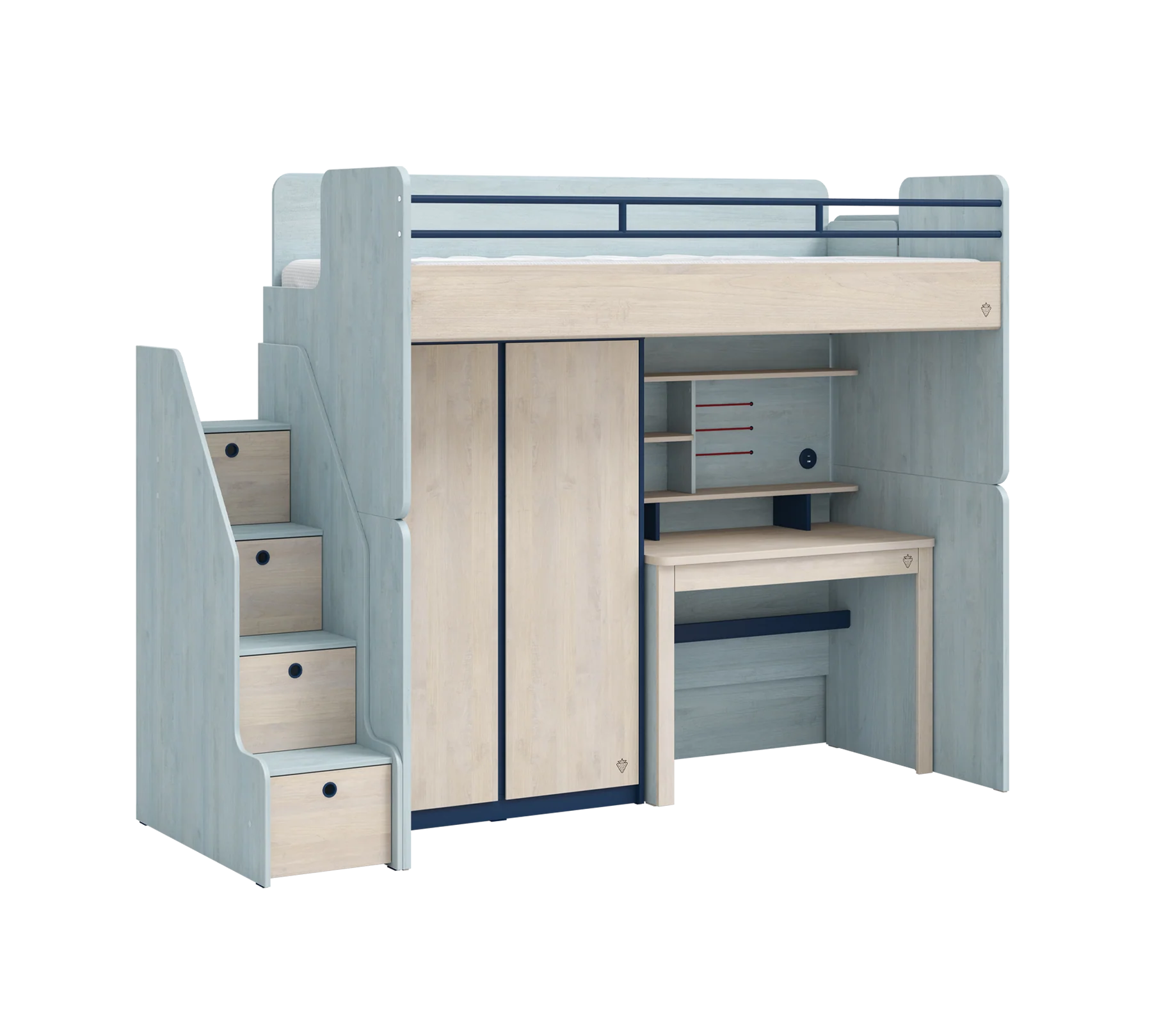 Модулно двуетажно легло «Studio Trio» - Сет 2, с горно легло, бюро и стълби с чекмеджета