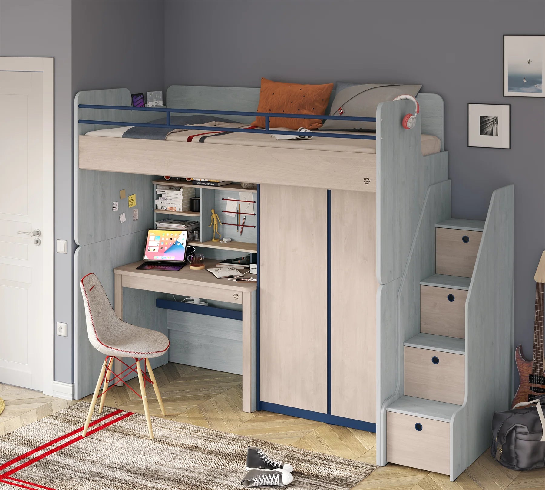 Модулно двуетажно легло «Studio Trio» - Сет 2, с горно легло, бюро и стълби с чекмеджета