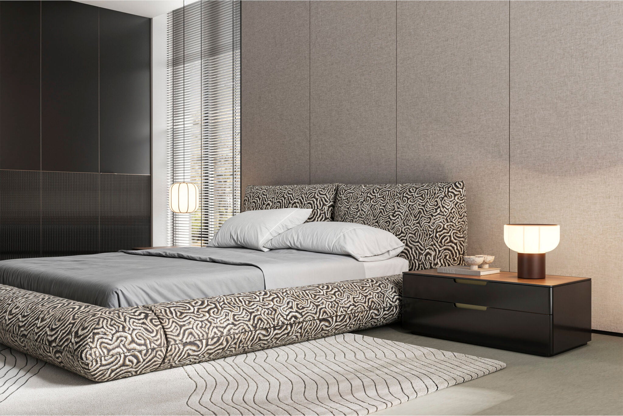 Нощно шкафче «Tulsa Black» + две чекмеджета, естествен фурнир, с избор на размер