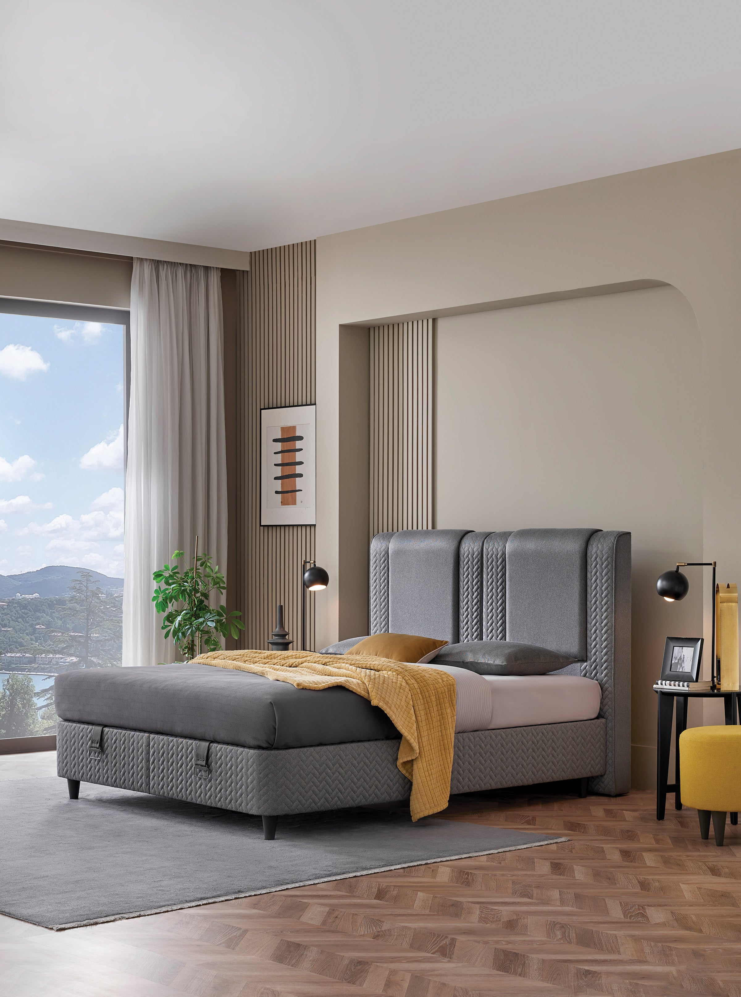 Тапицирано легло «Visco Dynamic» + Матрак и табла - с място за съхранение, матрак с технология Fresche