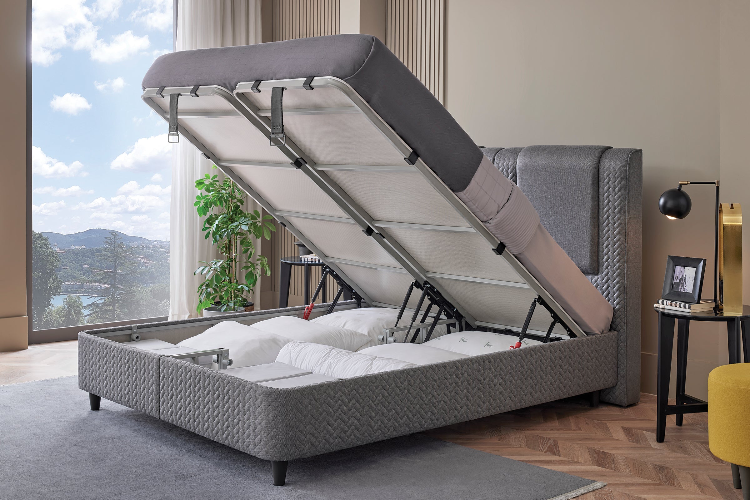 Тапицирано легло «Visco Dynamic» + Матрак и табла - с място за съхранение, матрак с технология Fresche