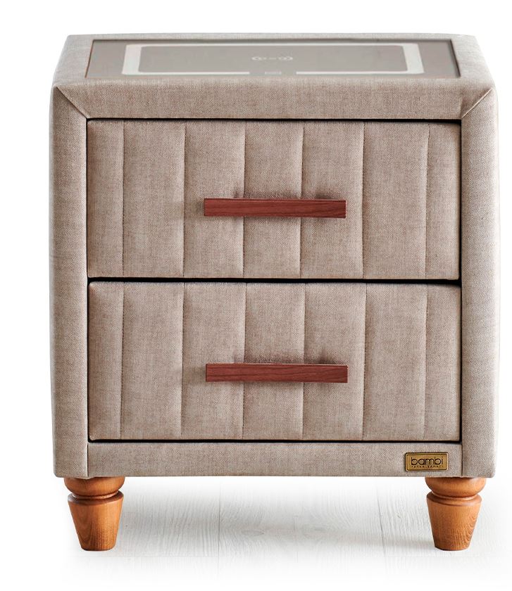 Тапицирано нощно шкафче «Kapok Naturel» + две чекмеджета, с LED осветление, с музикална система и USB зарядна станция, размер 52х59х43см