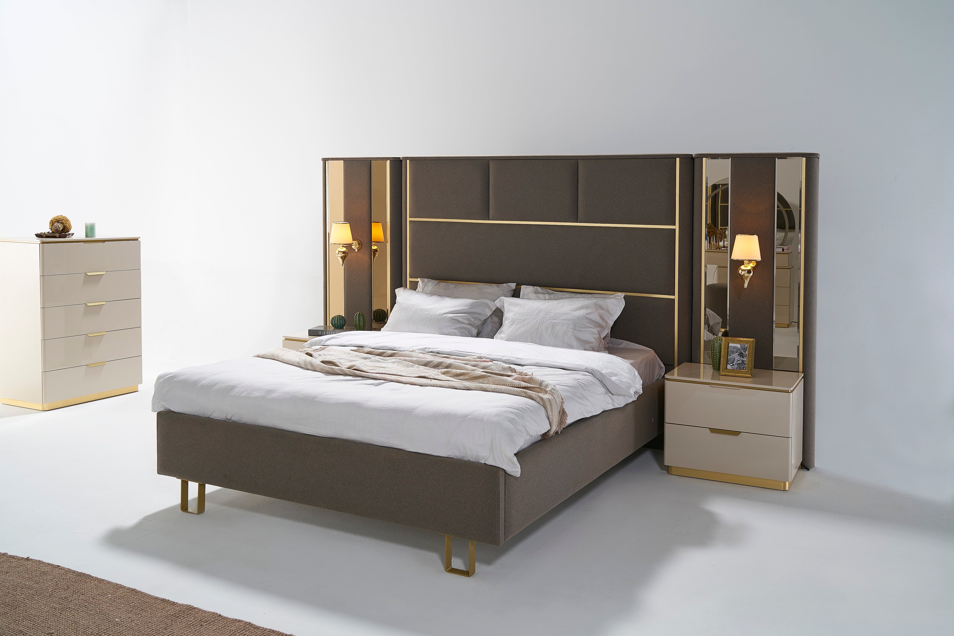 Тапицирано легло «Kapadokya» + табла с осветление - с място за съхранение, повдигащ механизъм