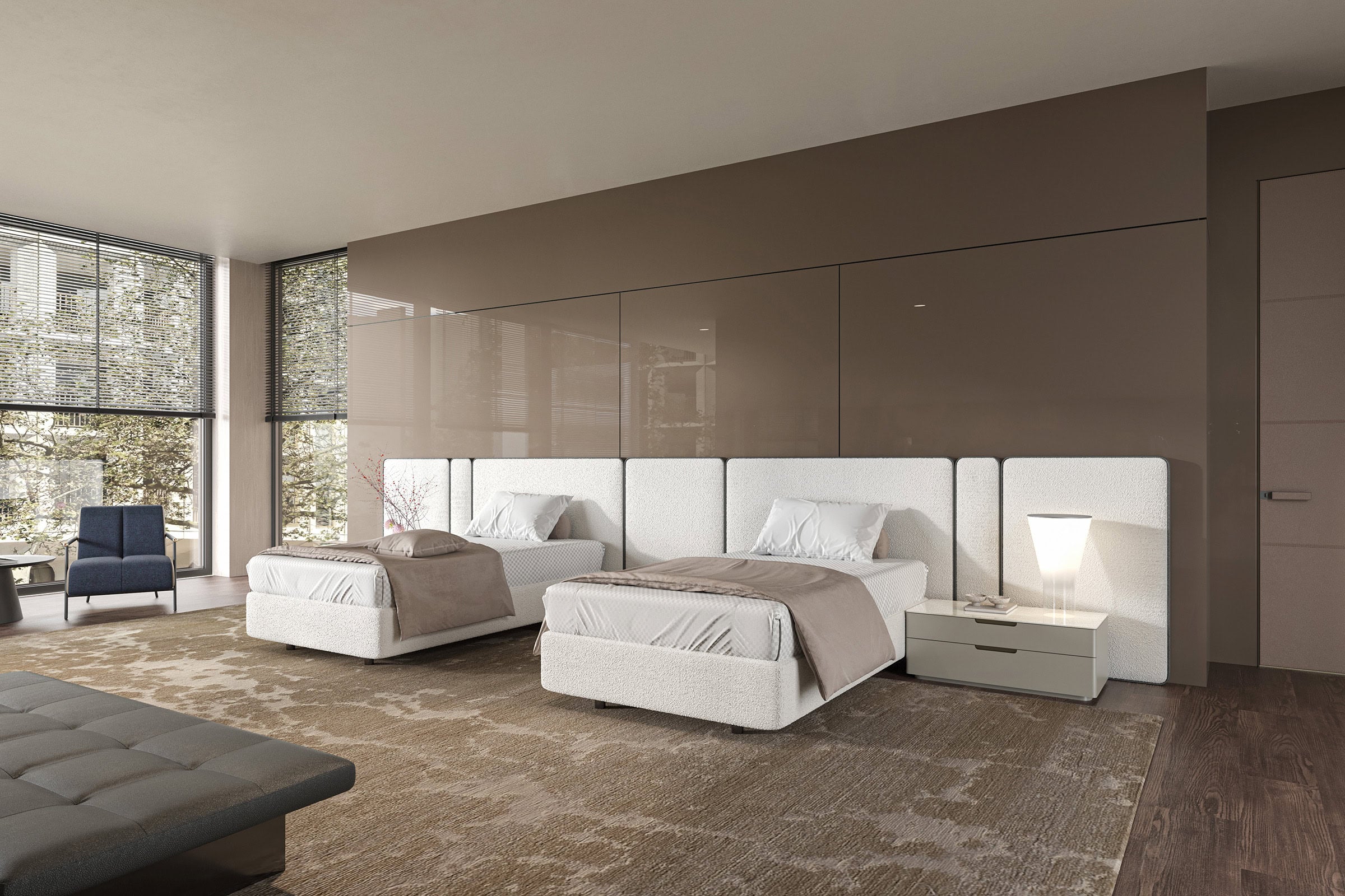 Модулно тапицирано легло «Alfa» + табла с осветление - с място за съхранение, повдигащ механизъм,  готови конфигурации