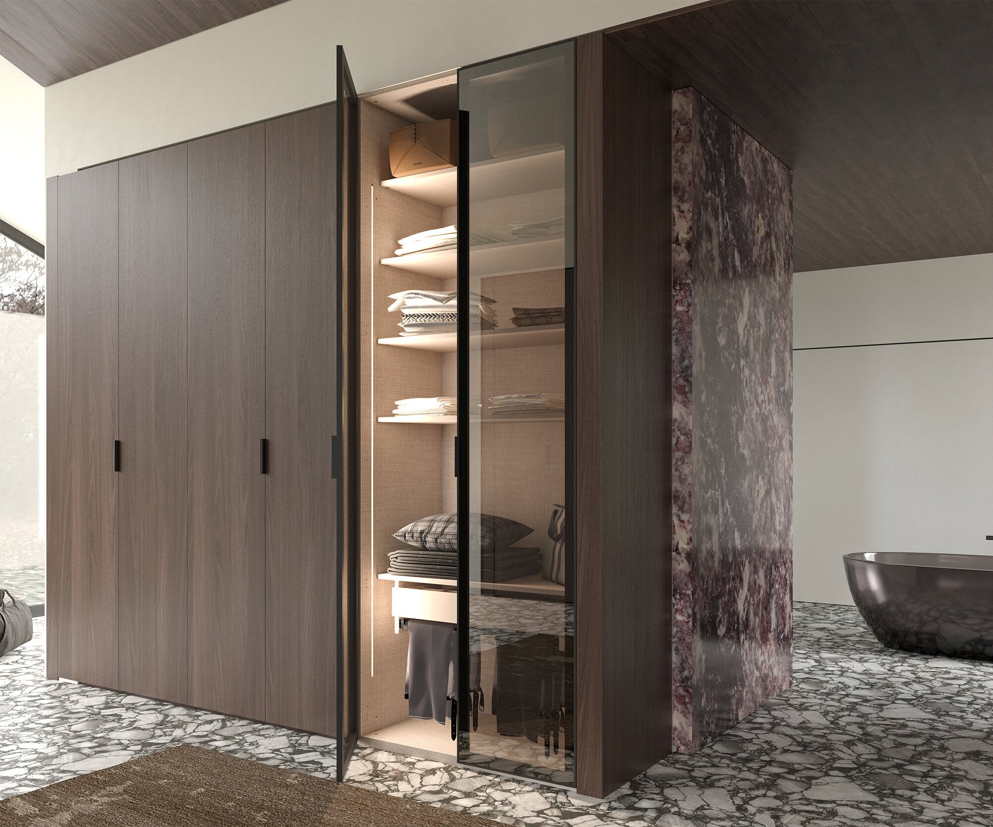 19 конфигурирани модула за гардероб «Alfa» - с осветление, чекмеджета, лостове за закачалки и рафтове