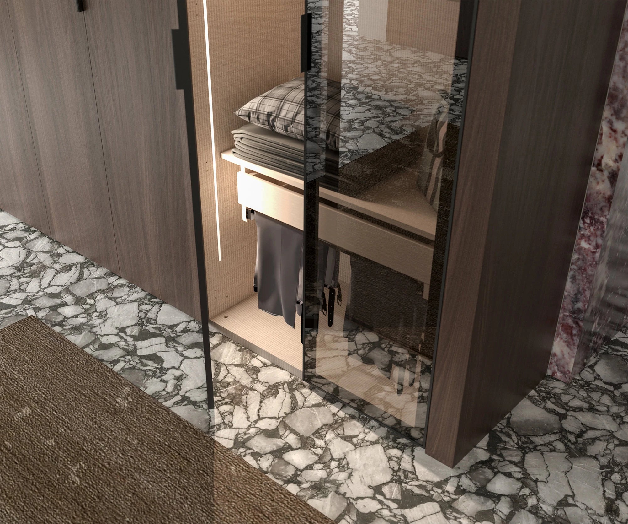 19 конфигурирани модула за гардероб «Alfa» - с осветление, чекмеджета, лостове за закачалки и рафтове