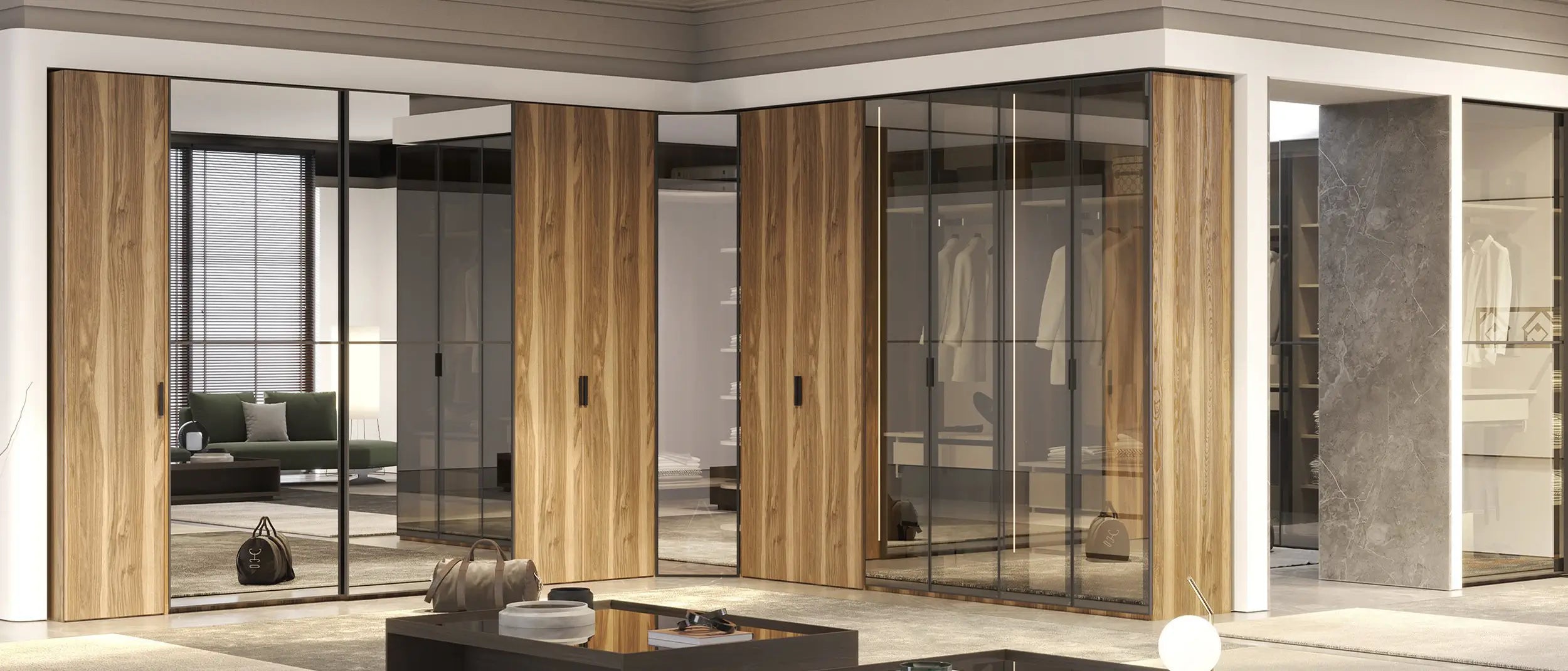 19 конфигурирани модула за гардероб «Alfa» - с осветление, чекмеджета, лостове за закачалки и рафтове