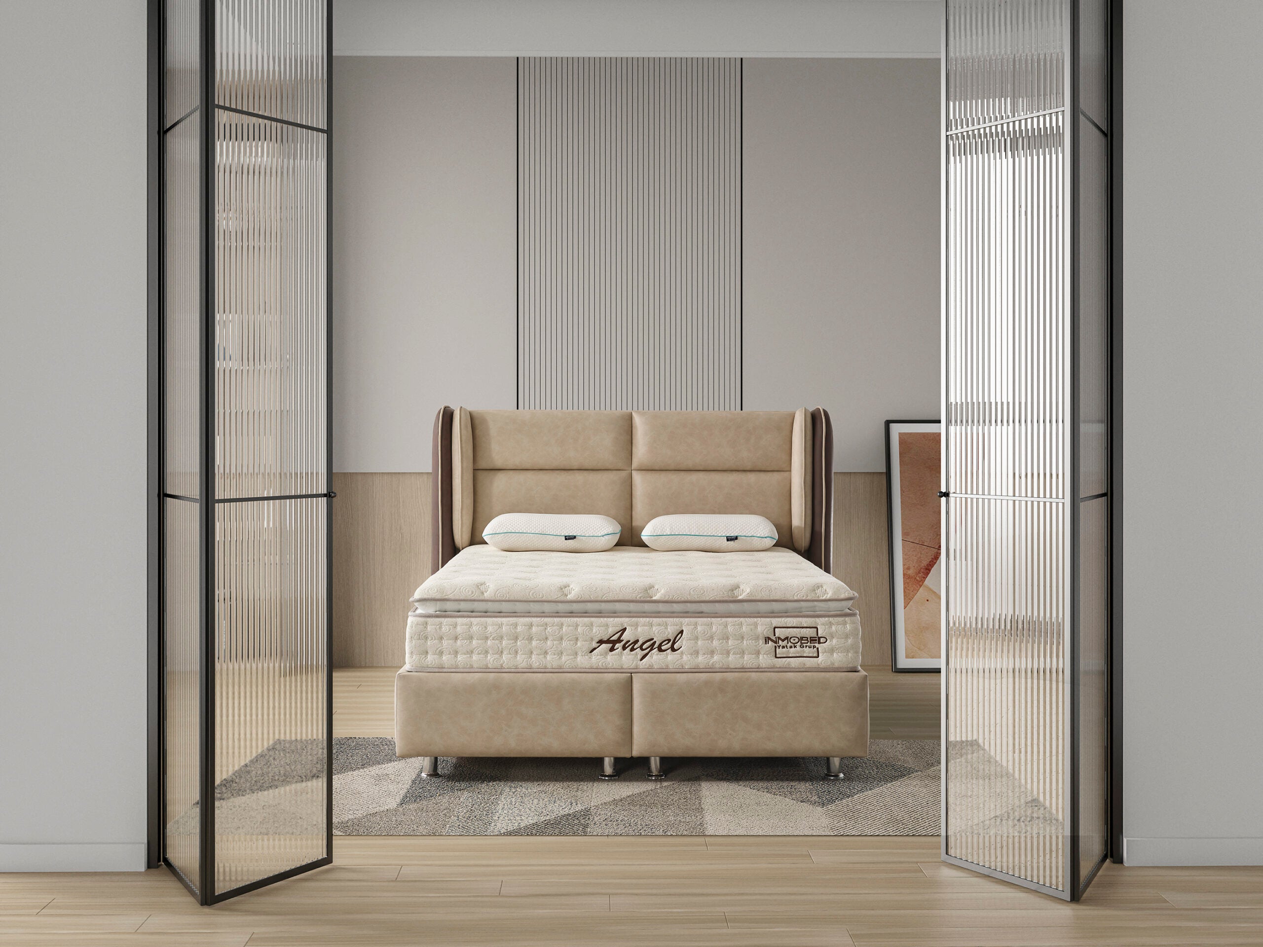 Тапицирано легло «Angel» + Матрак и табла - с място за съхранение, повдигащ механизъм, система за безшумно затваряне