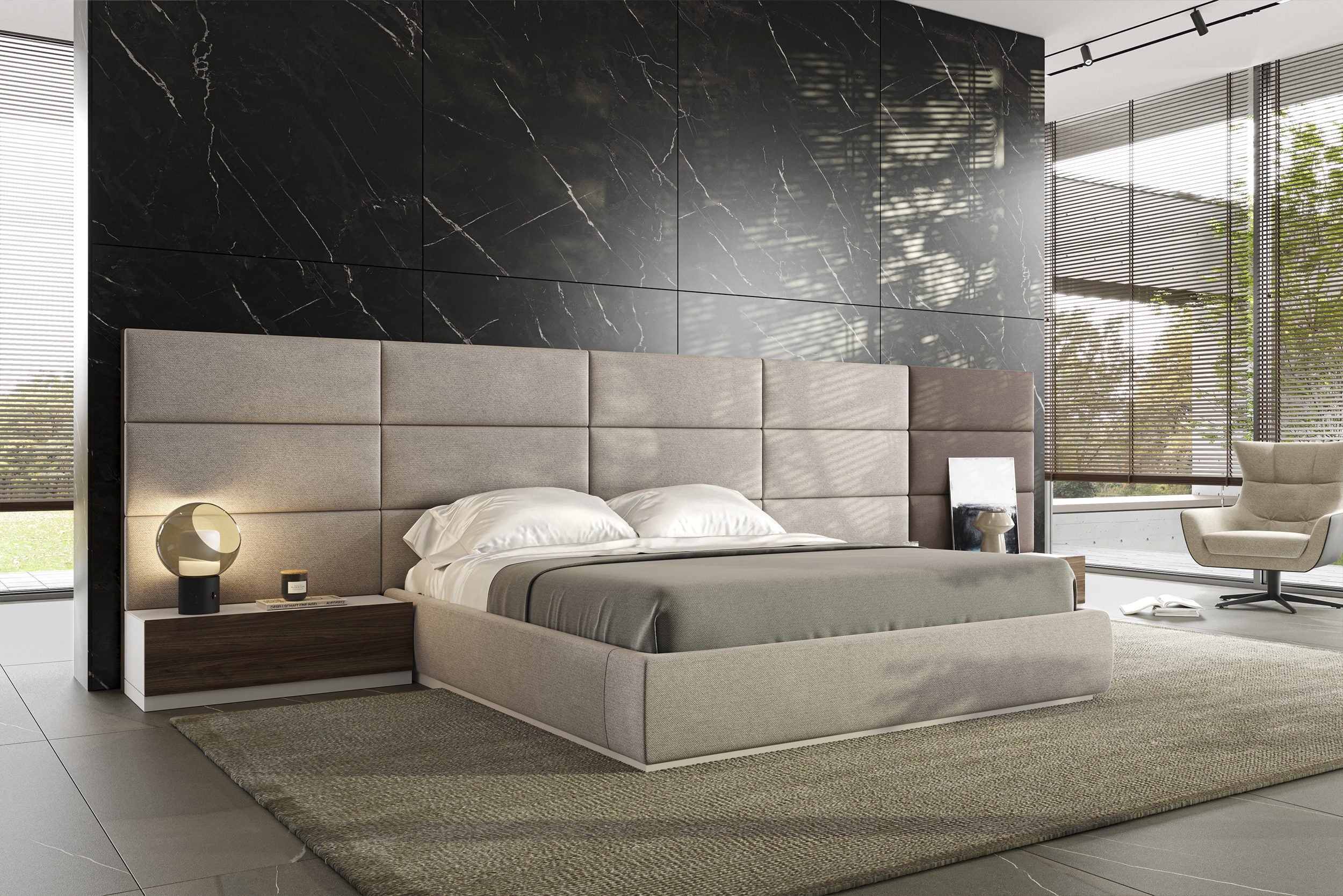 Тапицирано легло «Atlanta» + модулна табла - с място за съхранение, повдигащ механизъм