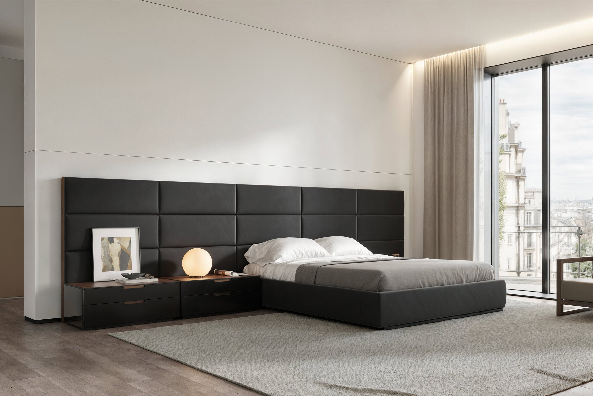 Тапицирано легло «Atlanta» + модулна табла - с място за съхранение, повдигащ механизъм