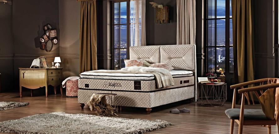 Тапицирано легло «Biomedical» + Матрак и табла - с място за съхранение, повдигащ механизъм, система за безшумно затваряне