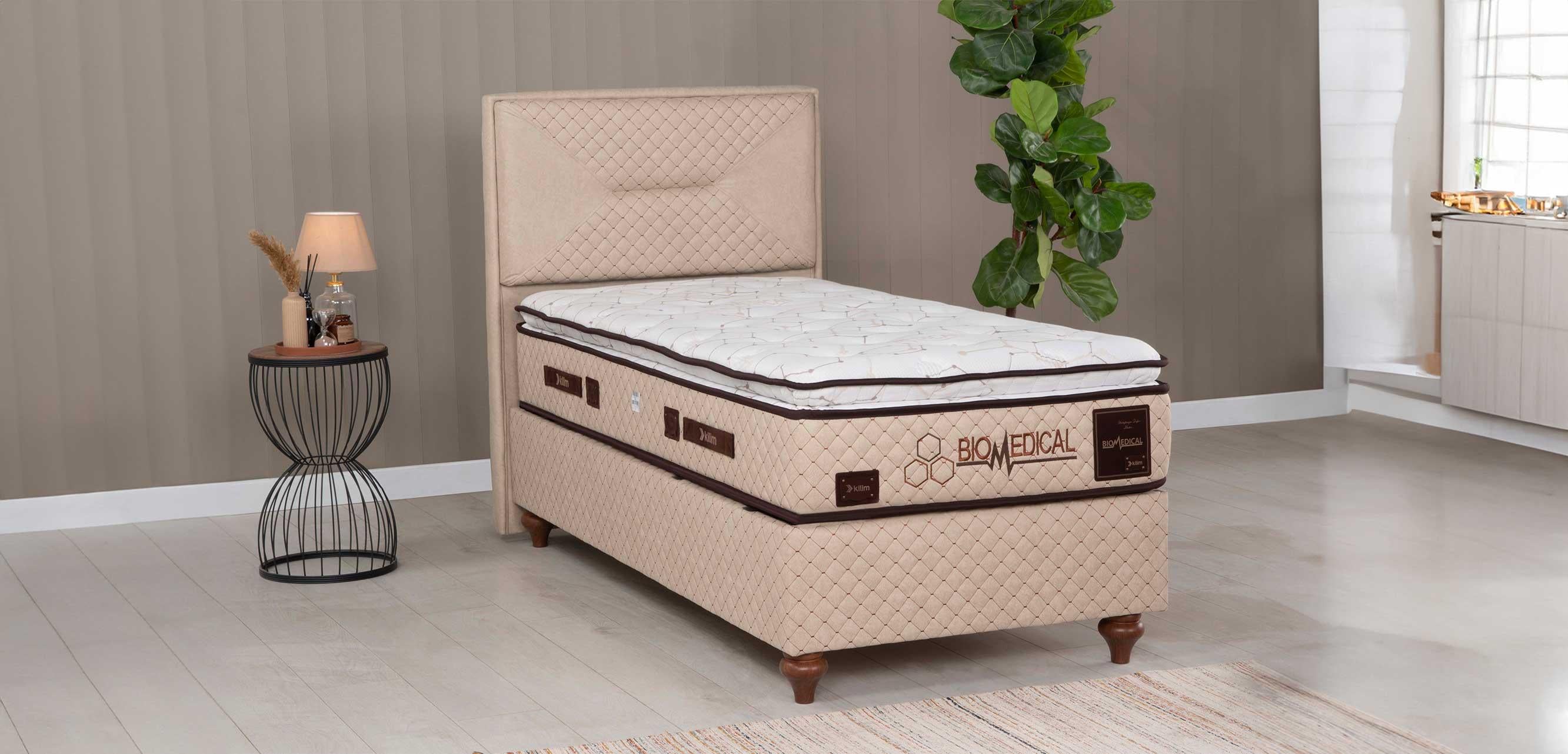 Тапицирано легло «Biomedical» + Матрак и табла - с място за съхранение, повдигащ механизъм, система за безшумно затваряне