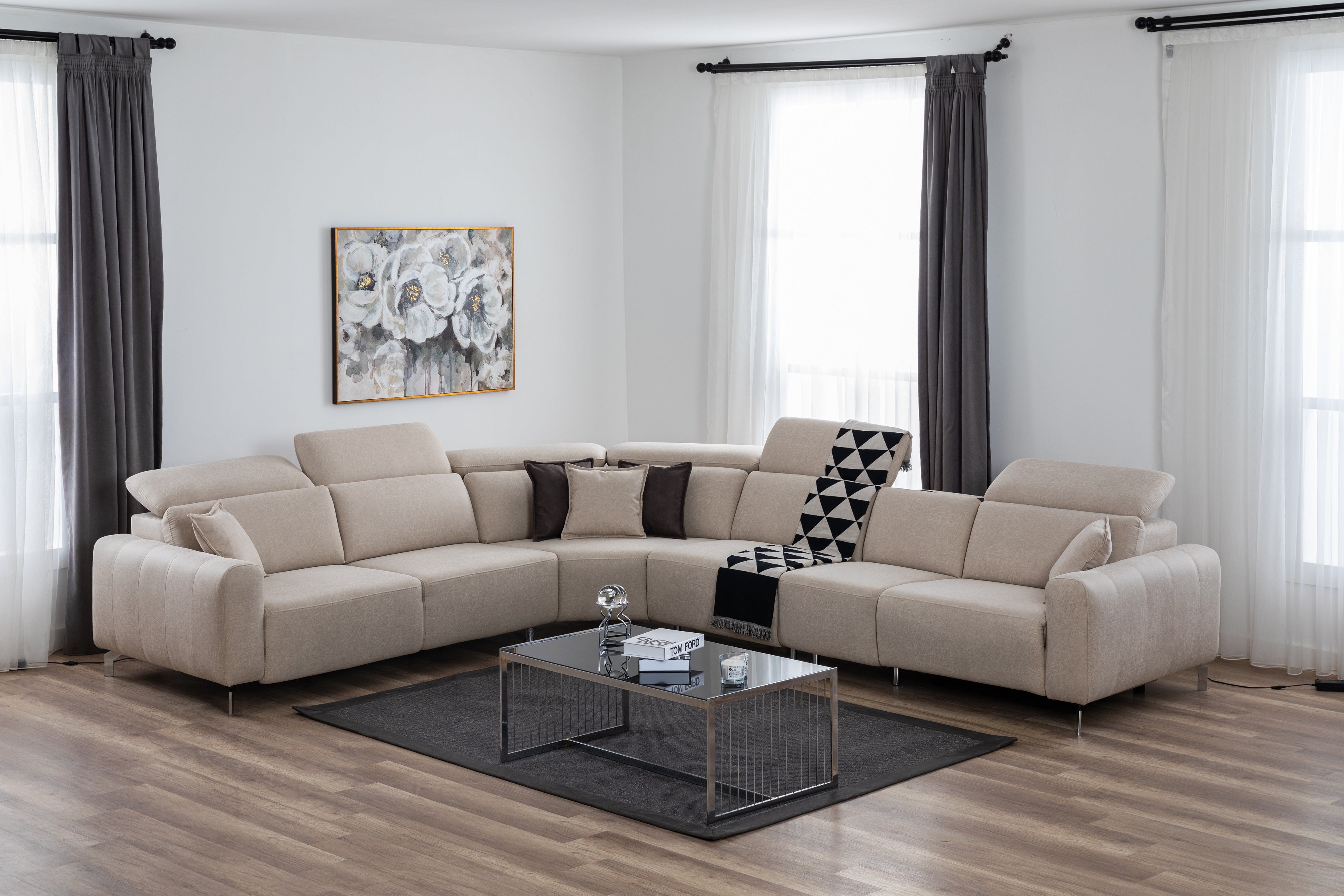 Ъглов разтегателен диван «Burgaz» + електрически механизъм, USB зарядна станция, ширина 370см