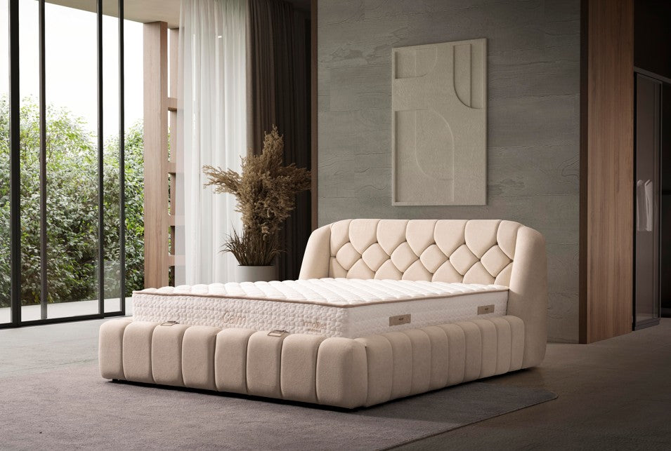 Тапицирано легло «Calm» + Матрак и табла - с място за съхранение, повдигащ механизъм, система за безшумно затваряне