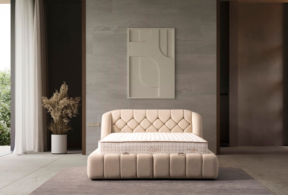 Тапицирано легло «Calm» + Матрак и табла - с място за съхранение, повдигащ механизъм, система за безшумно затваряне