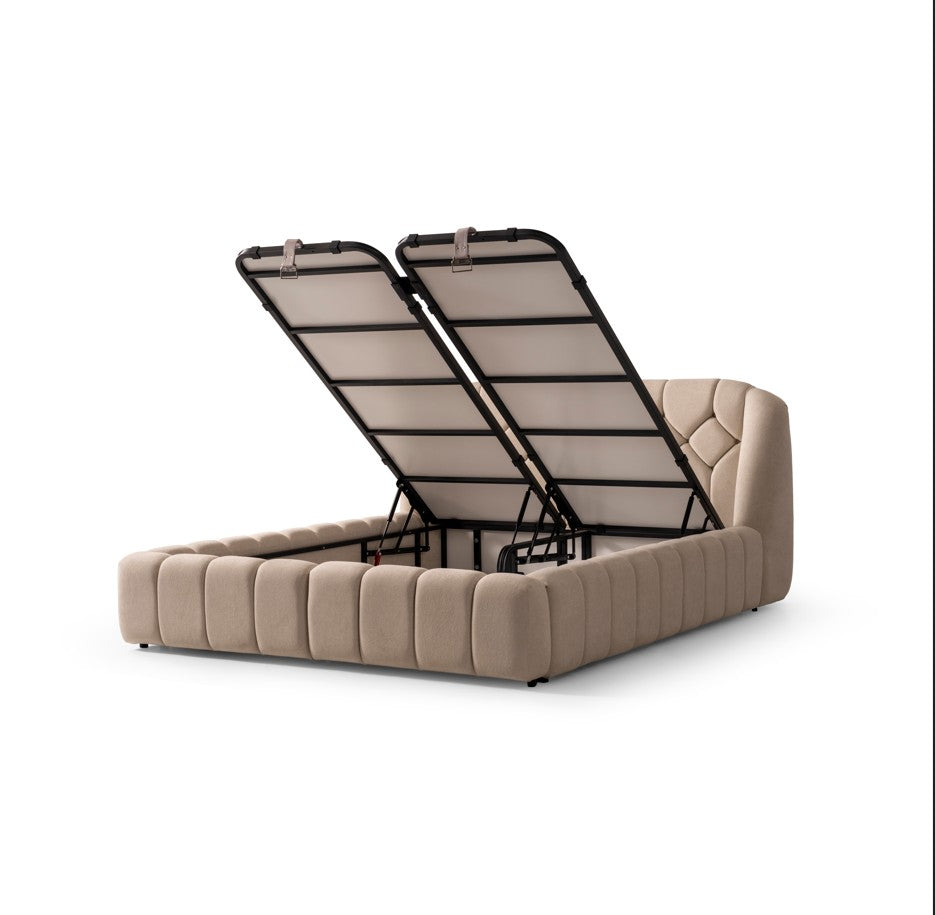 Тапицирано легло «Calm» + Матрак и табла - с място за съхранение, повдигащ механизъм, система за безшумно затваряне