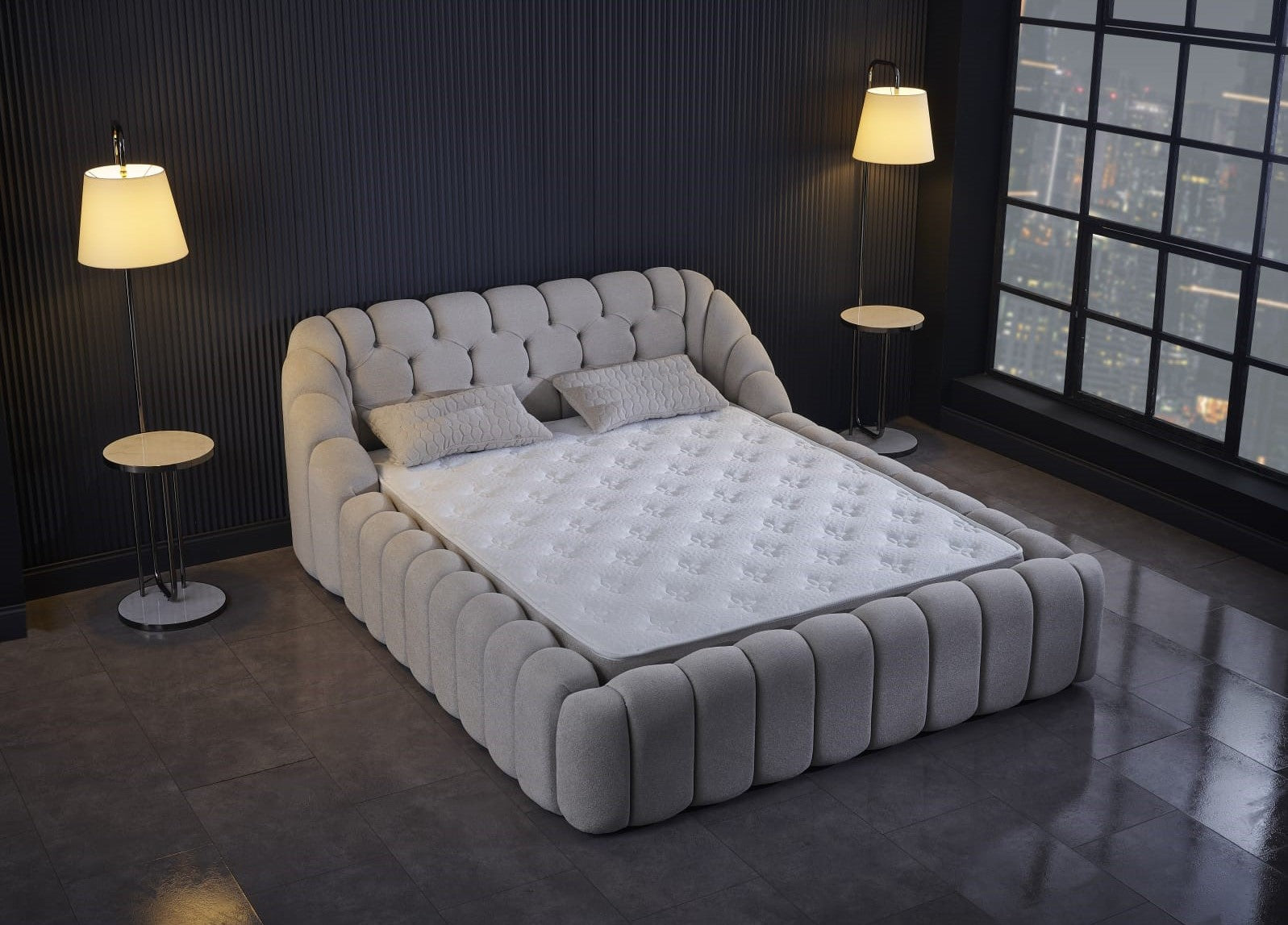 Тапицирано легло «Aqua» + Матрак и табла - с място за съхранение, повдигащ механизъм, система за безшумно затваряне