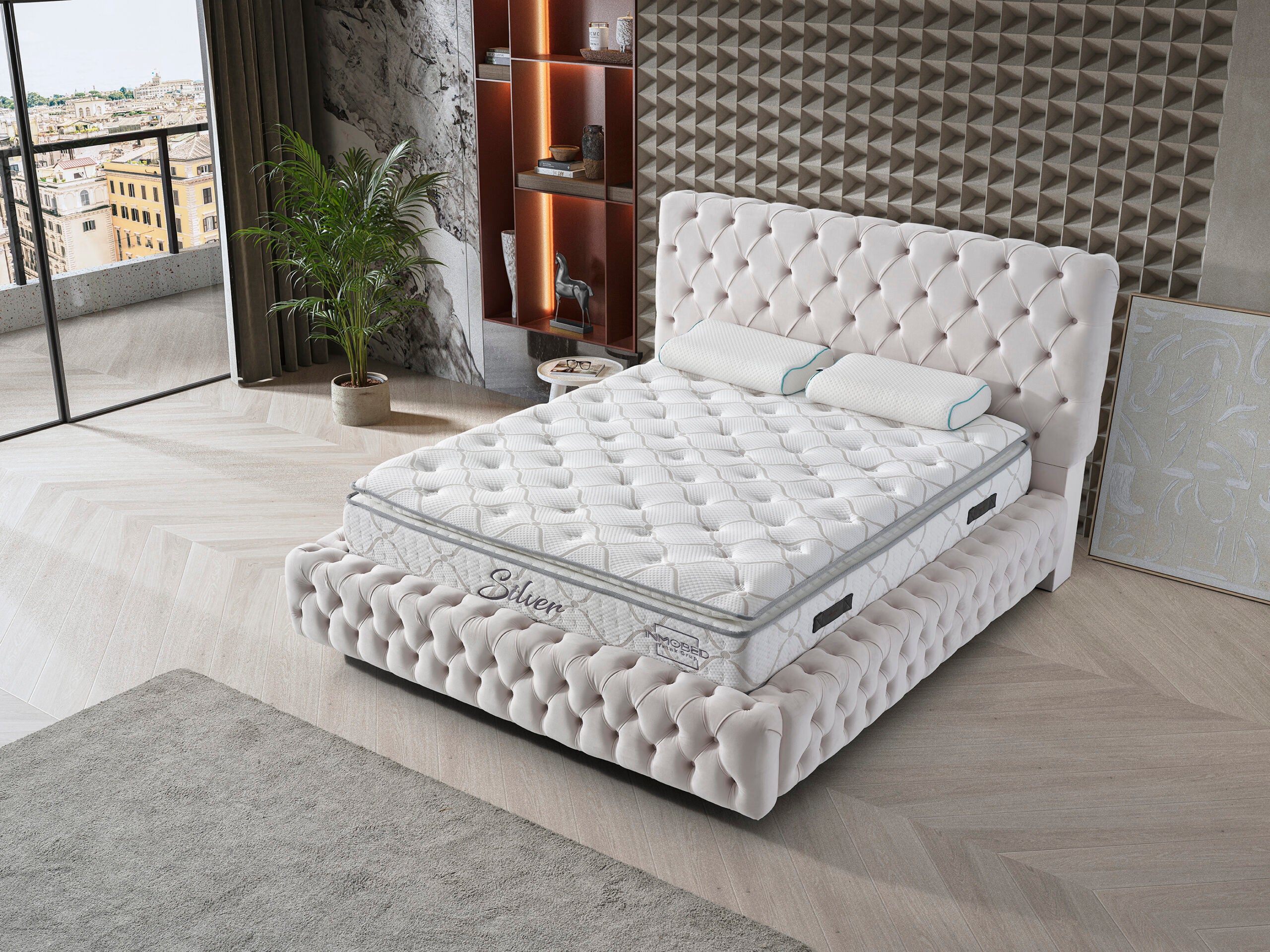 Тапицирано легло «Chester-1» + Матрак и табла - с място за съхранение, повдигащ механизъм, система за безшумно затваряне