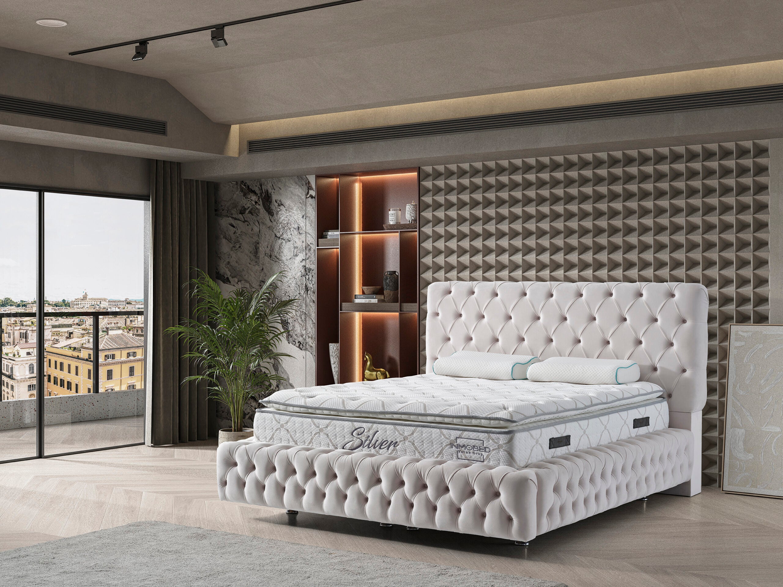 Тапицирано легло «Chester-1» + Матрак и табла - с място за съхранение, повдигащ механизъм, система за безшумно затваряне