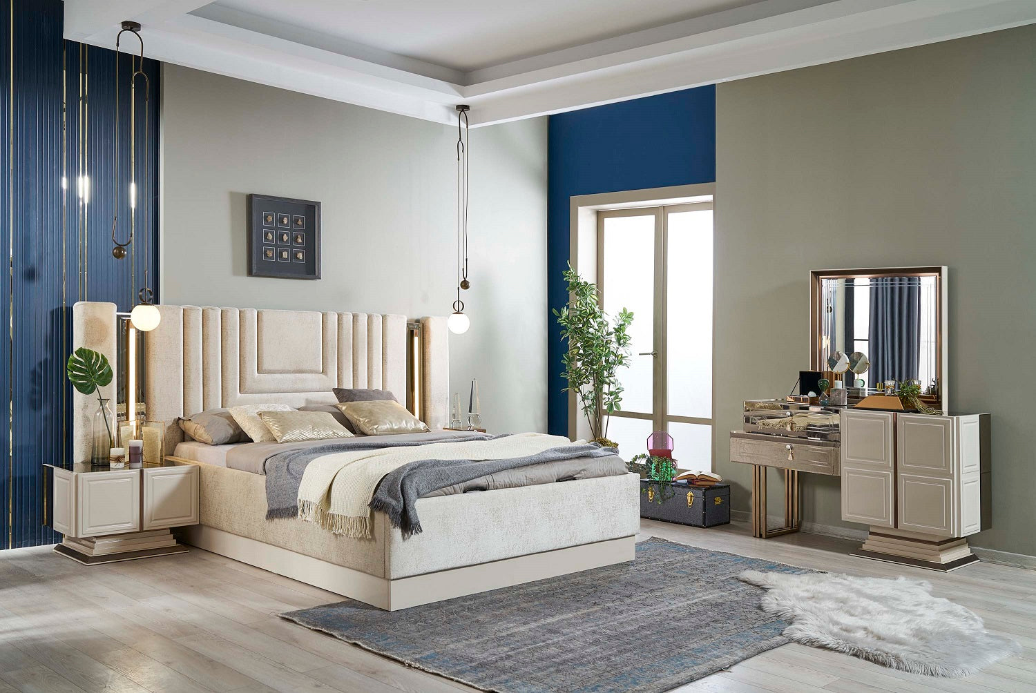 Тапицирано легло «Felix» + табла с осветление - с място за съхранение, повдигащ механизъм