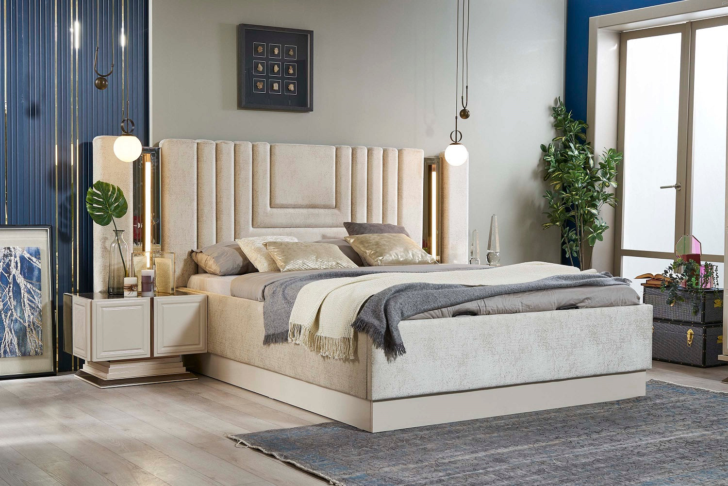 Тапицирано легло «Felix» + табла с осветление - с място за съхранение, повдигащ механизъм