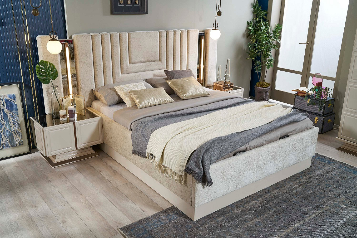 Тапицирано легло «Felix» + табла с осветление - с място за съхранение, повдигащ механизъм