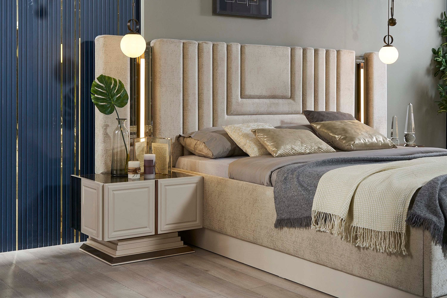 Тапицирано легло «Felix» + табла с осветление - с място за съхранение, повдигащ механизъм