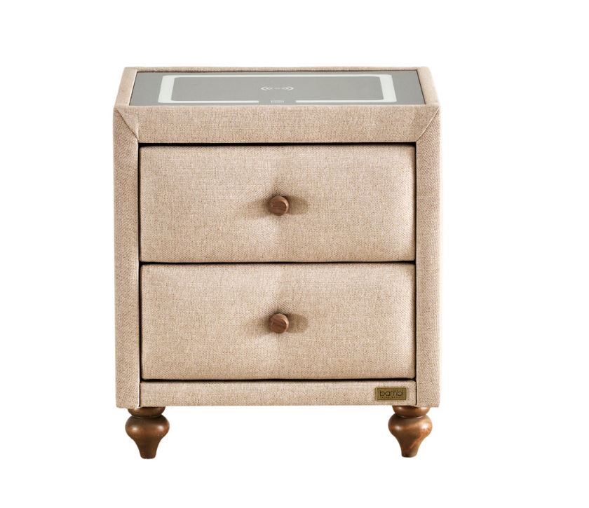 Тапицирано нощно шкафче «Latex Master» + две чекмеджета, с LED осветление, с музикална система и USB зарядна станция, размер 52х59х43см