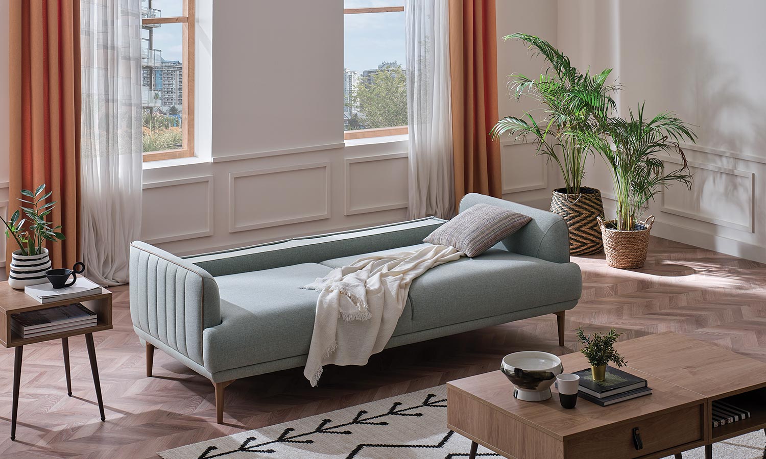 Tриместен разтегателен диван «Helis» + 4 декоративни възглавници, ширина 215см