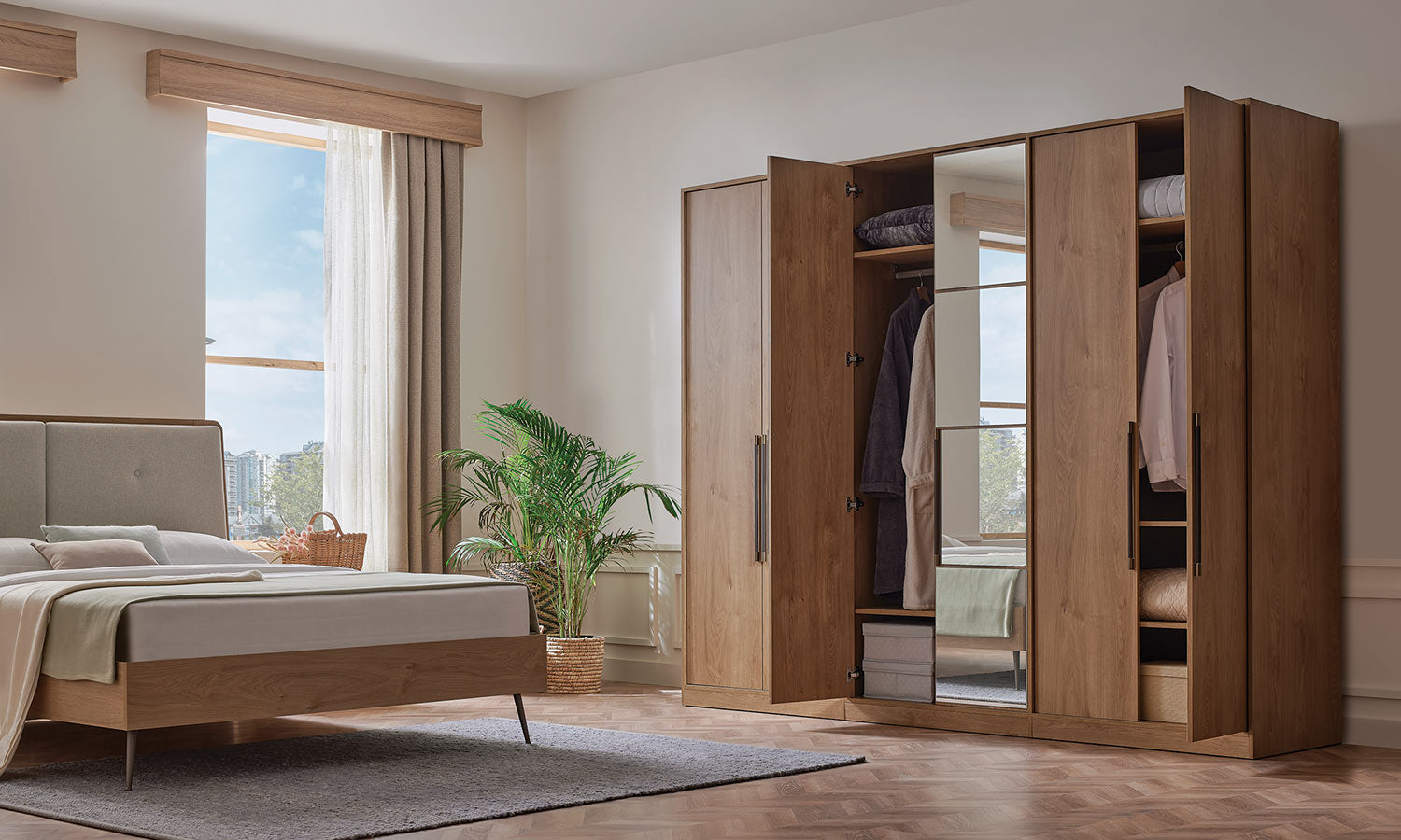 Шесткрилен гардероб «Helis» с огледална врата, механизъм за панталони, рафтове, ширина 270см