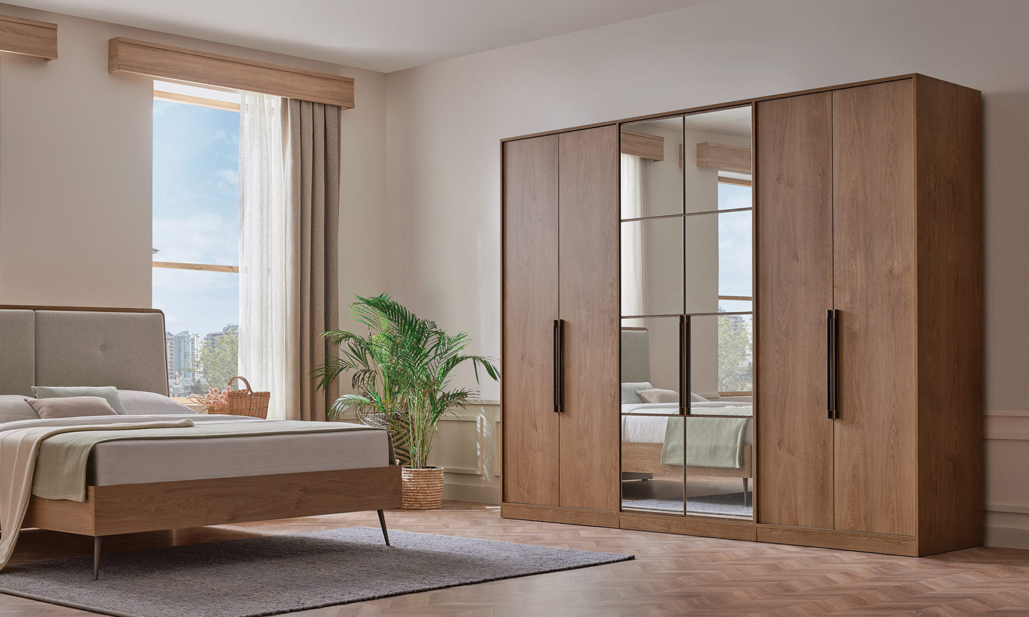 Шесткрилен гардероб «Helis» с огледална врата, механизъм за панталони, рафтове, ширина 270см