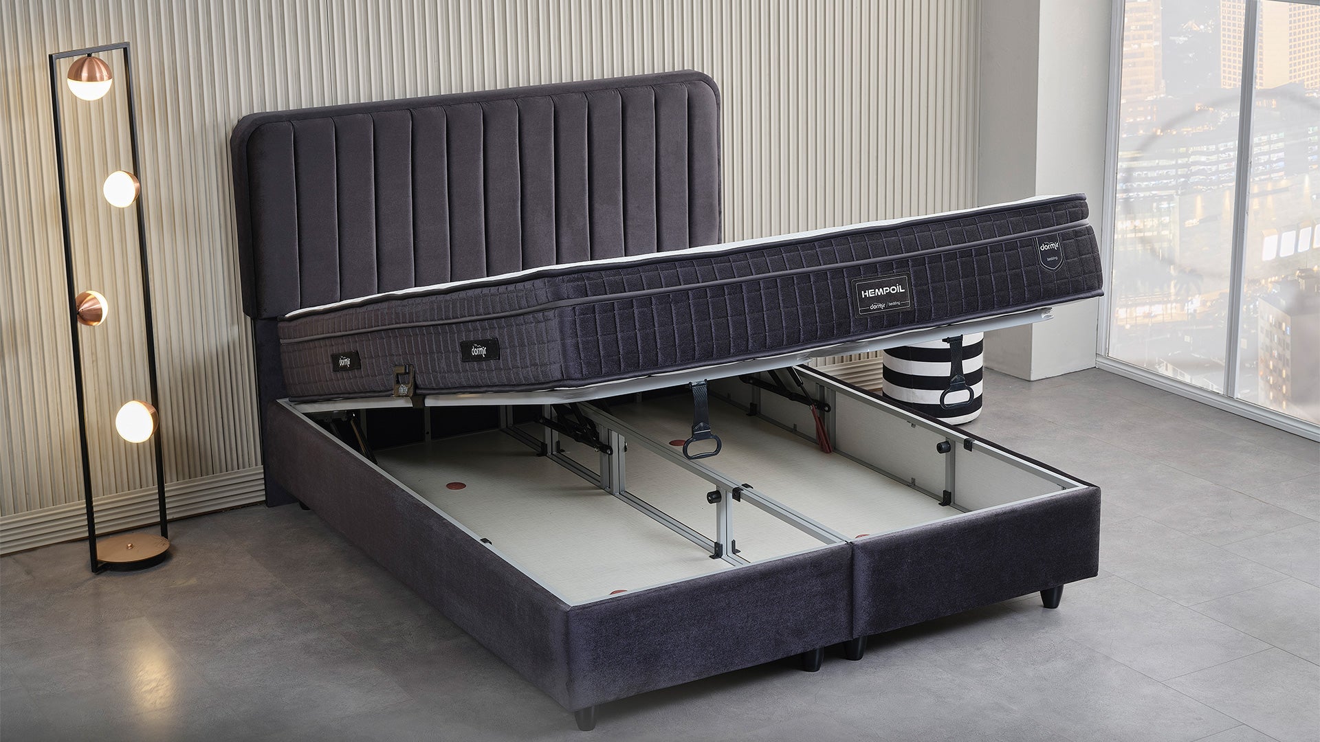 Тапицирано легло «Hempoil» + Матрак и табла - с място за съхранение и система за безшумно затваряне
