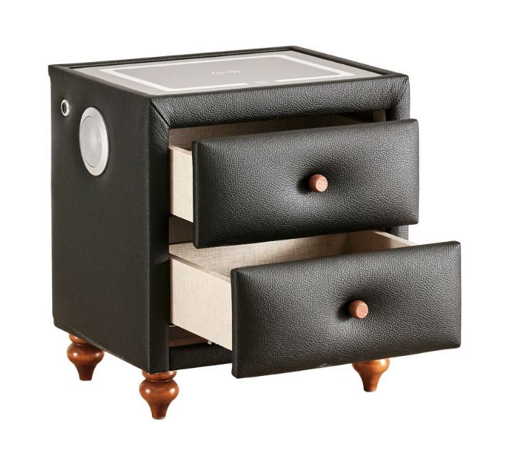 Тапицирано нощно шкафче «Latex Master» + две чекмеджета, с LED осветление, с музикална система и USB зарядна станция, размер 52х59х43см