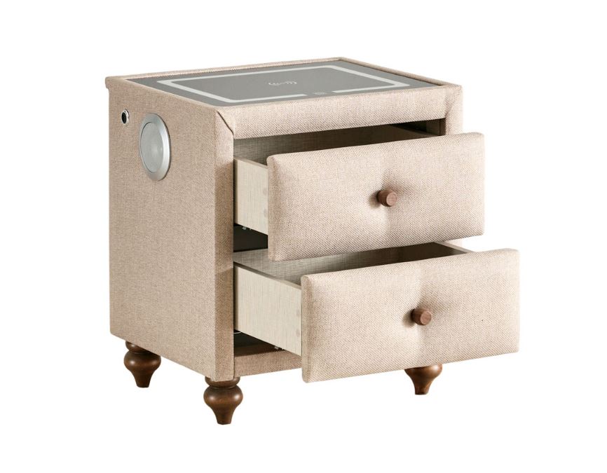 Тапицирано нощно шкафче «Latex Master» + две чекмеджета, с LED осветление, с музикална система и USB зарядна станция, размер 52х59х43см